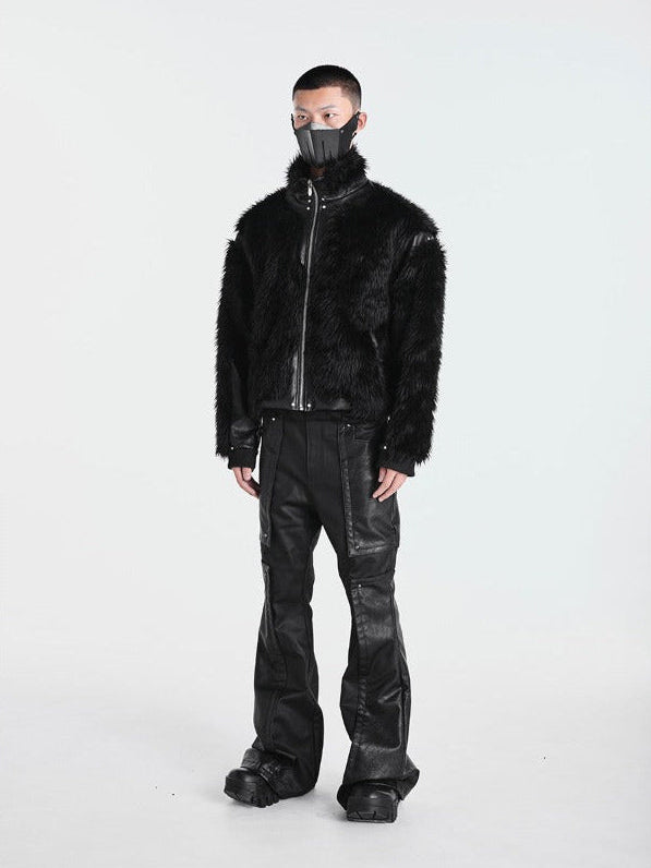 Off/Sc Shaggy Fur Leather Patchwork High Waist Coat by OFFCULTURE