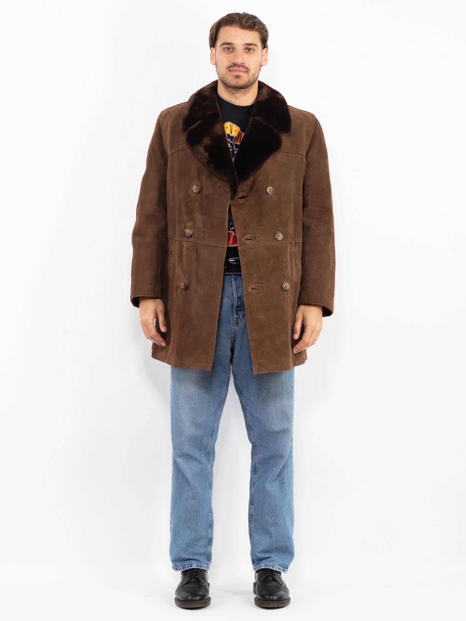 Vintage 70's Men Suede Sherpa Coat in Brown by Northern Grip