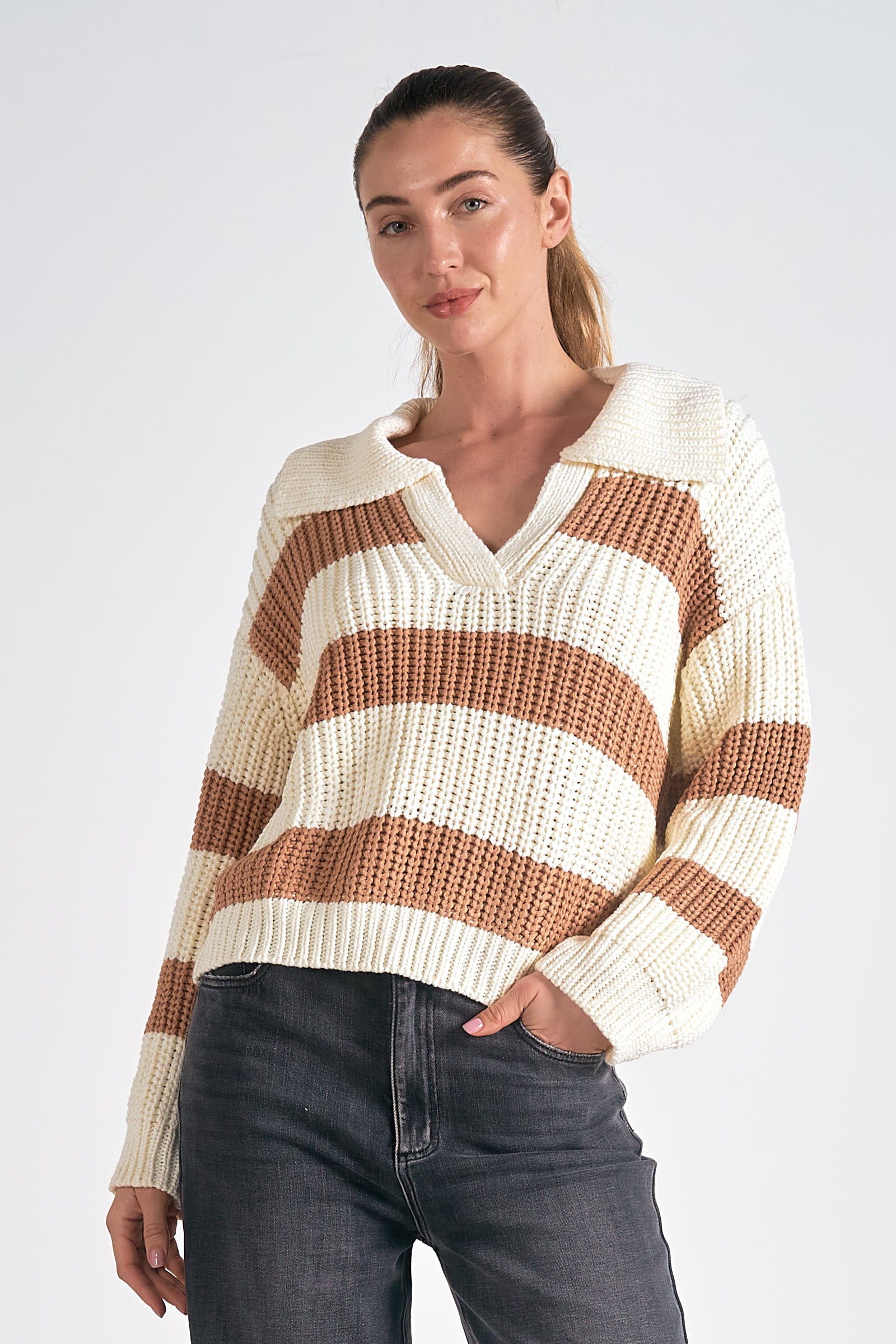 Striped V-Neck Collared Sweater by Sierra Deene