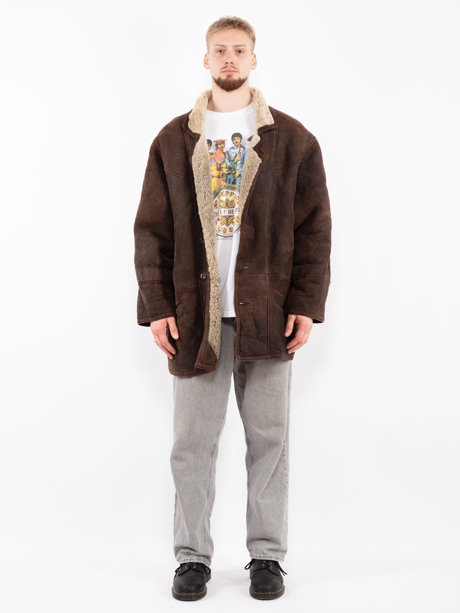 Vintage 90's Men Oversized Sheepskin Coat in Brown by Northern Grip