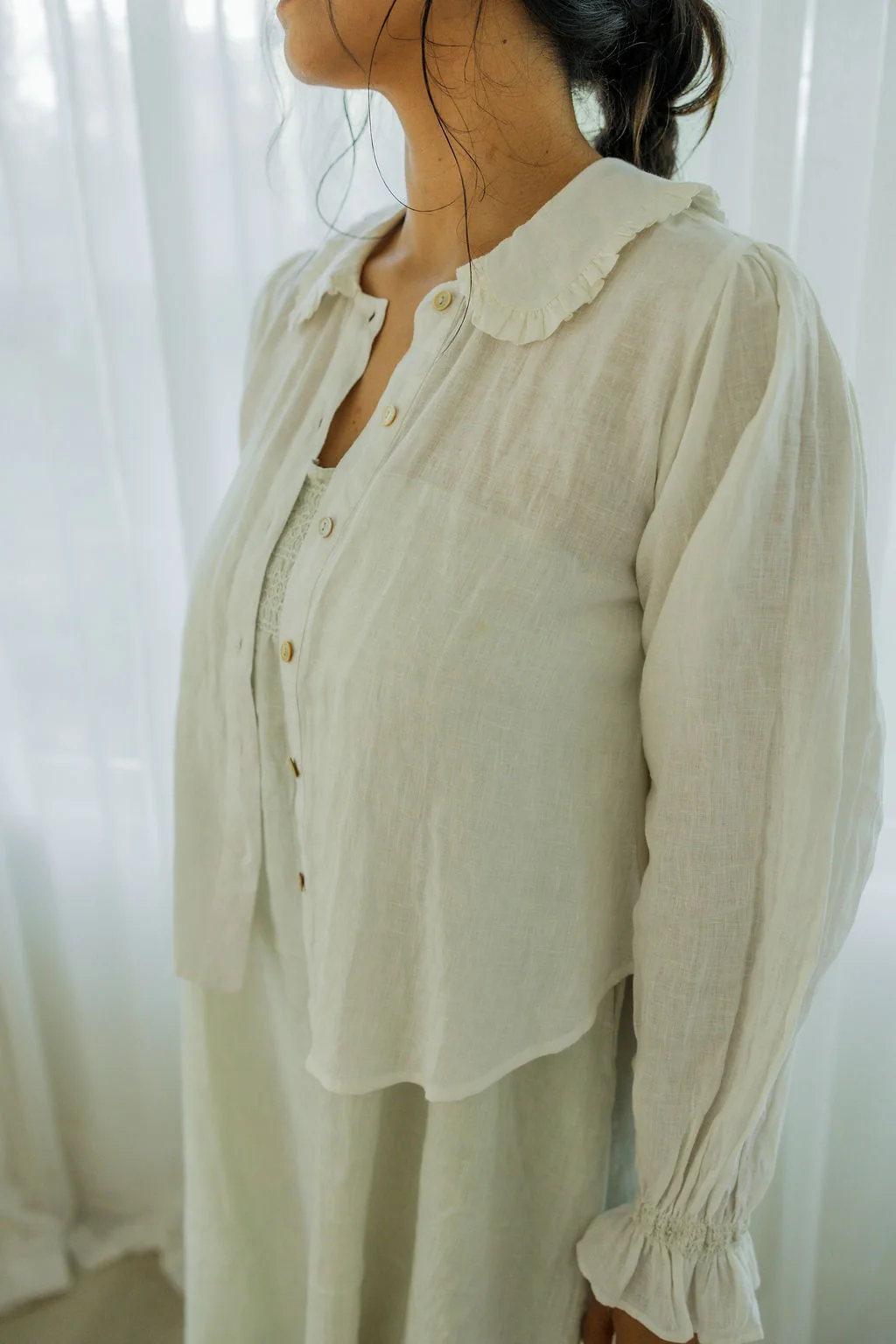 Olivia Long Sleeve Blouse - Natural White 100% Linen by Road to Rodanthe