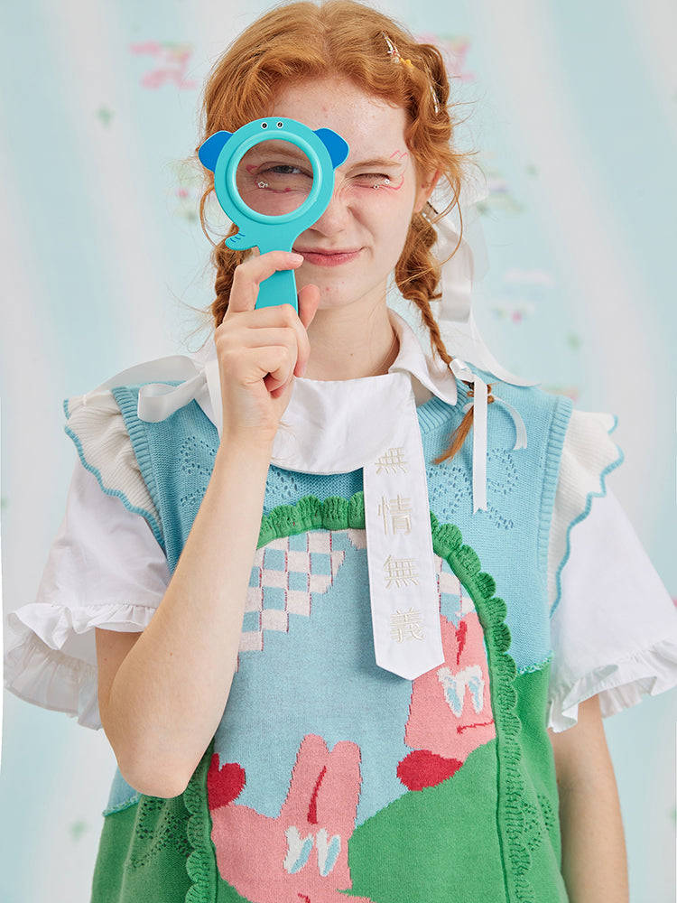 Harajuku Vest Floral Jacquard Turned-Edge Cute Green Knit Vest - HELPHELP by Land Decora