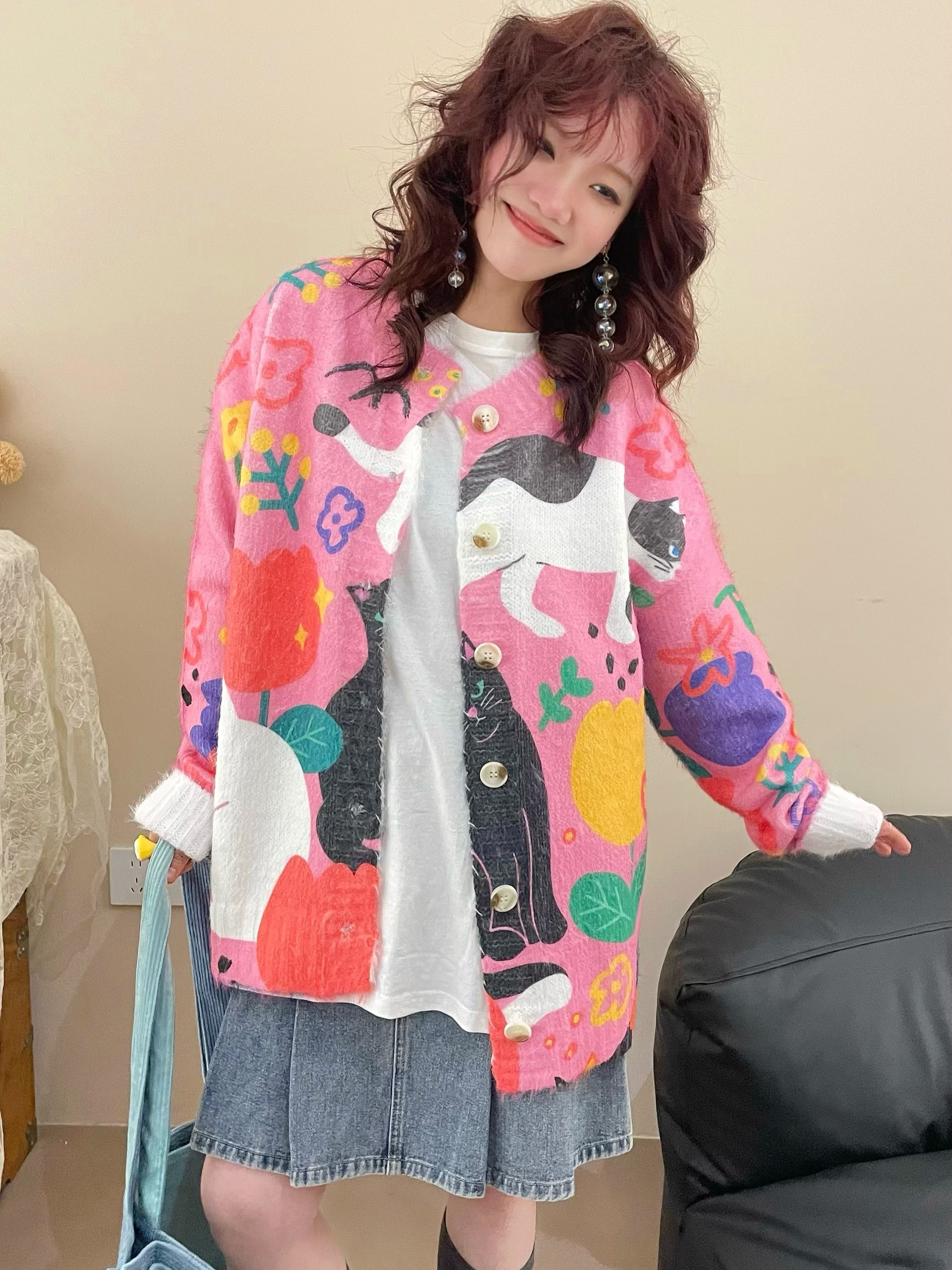 Vintage Graffiti Cat Cardigan Sweater Polyester - MeowMeow Bug by Land Decora