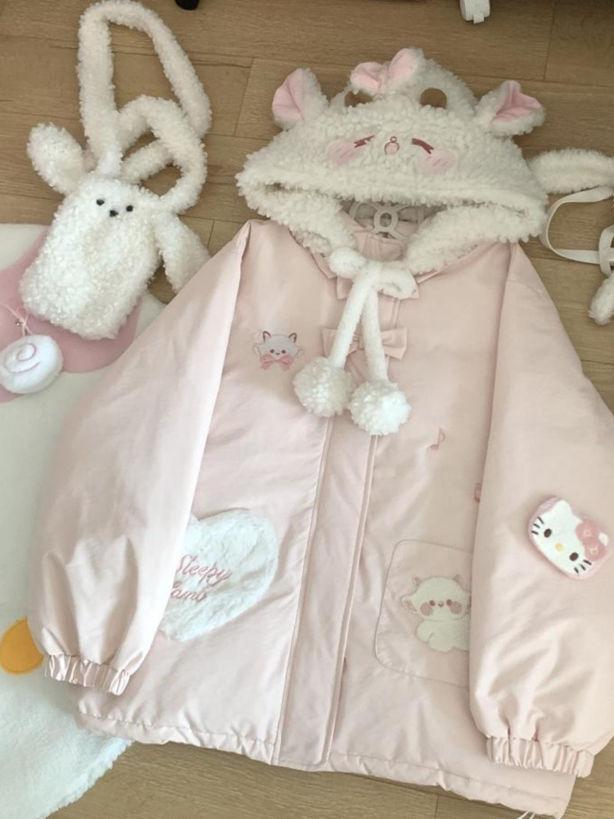 Kawaii Lamb Hood Puffer Jacket - Blurred Bear by Land Decora