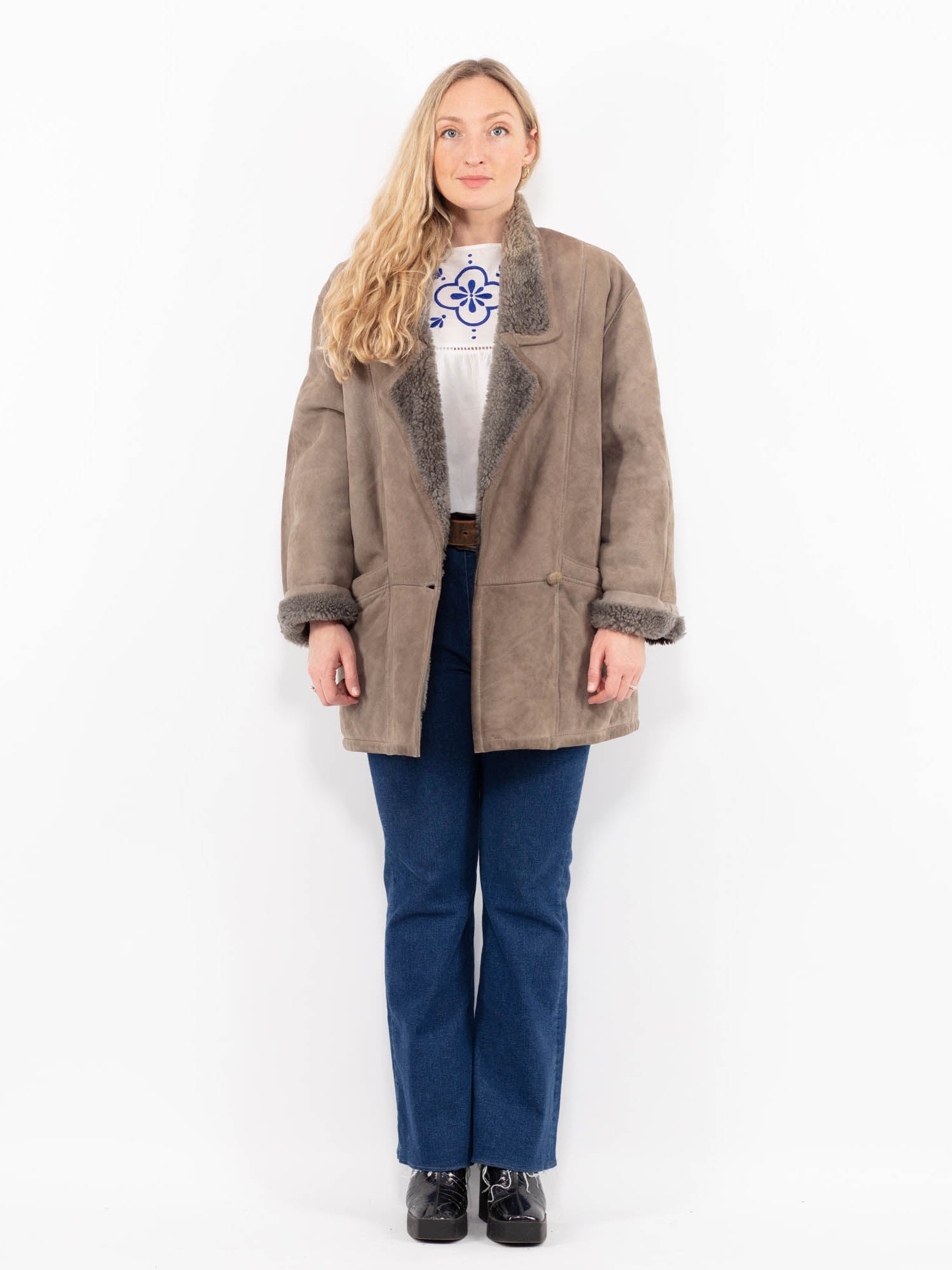 Vintage 80's Women Sheepskin Coat in Gray by Northern Grip