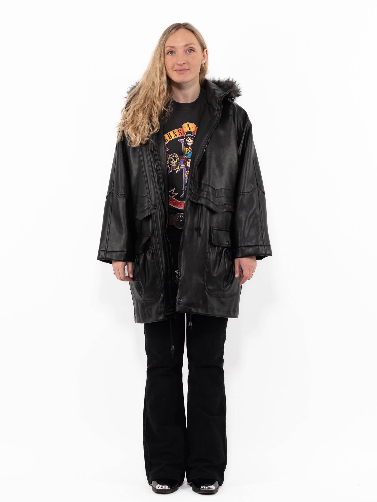 Vintage 00's Women Faux Leather Sherpa Coat in Black by Northern Grip