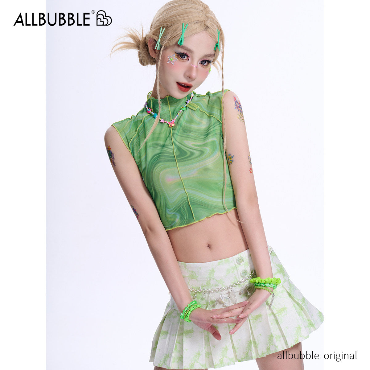 Mint Tie-Dye Mesh Crop Top - Allbubble by Land Decora