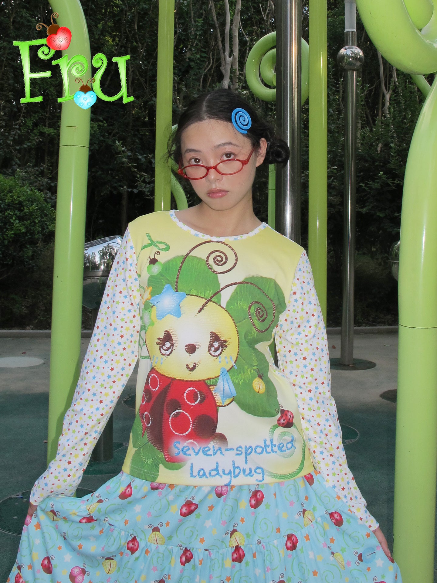 Kawaii Long Sleeve Tee Beetle Print Casual Loose - FruFru by Land Decora
