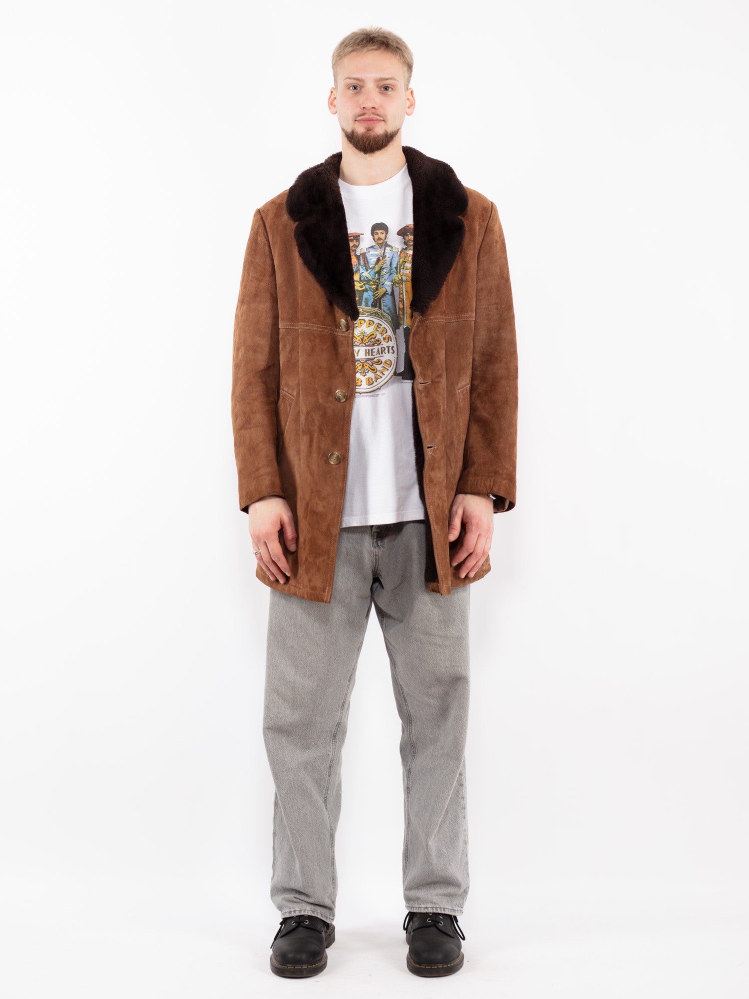 Vintage 70's Men Suede Sherpa Coat in Brown by Northern Grip
