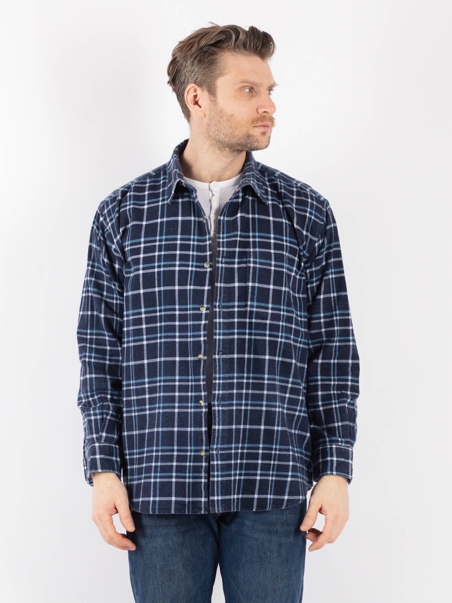 Vintage 90's Men Plaid Flannel Shirt in Blue by Northern Grip