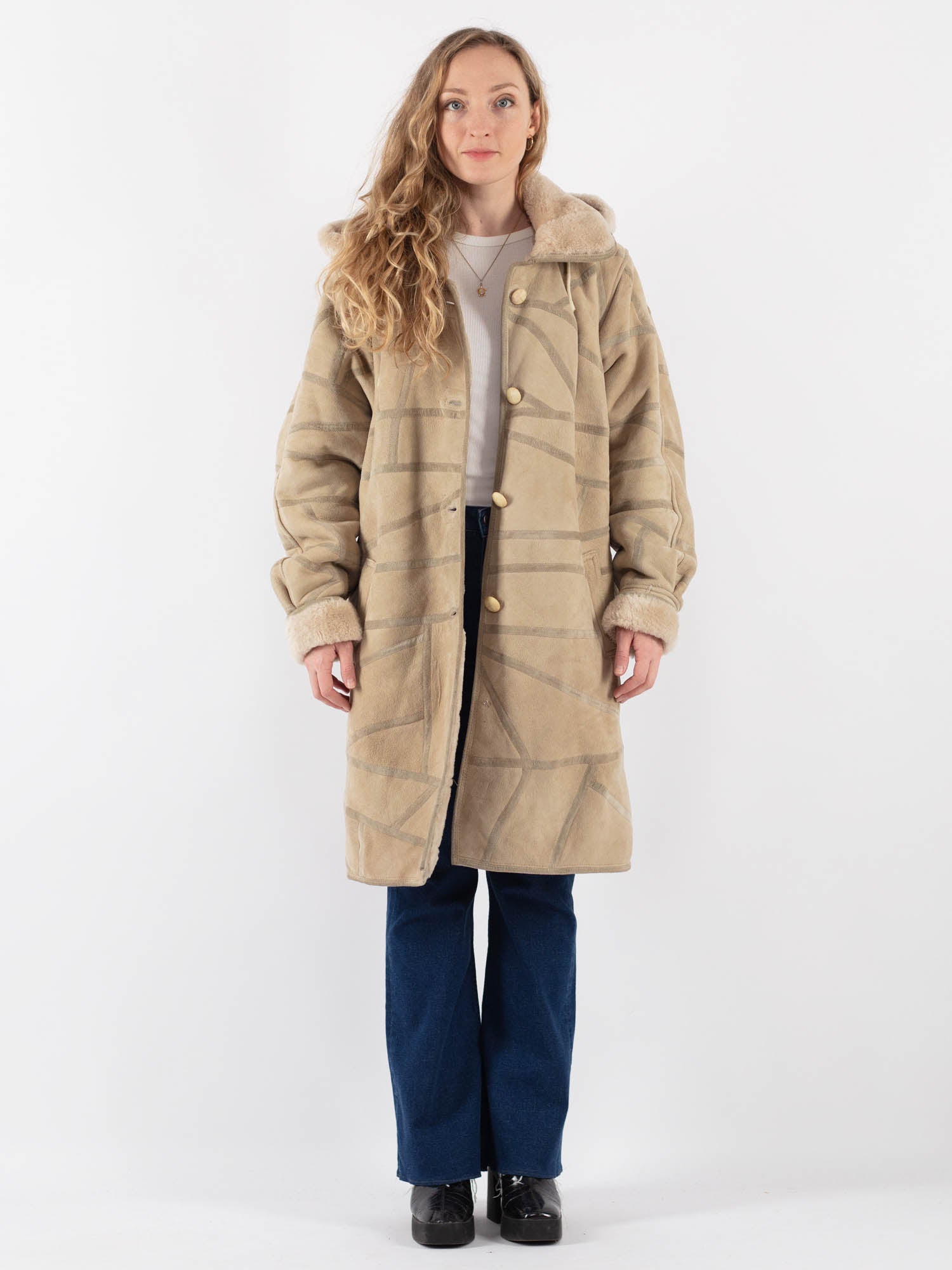 Vintage 90's Women Hooded Sheepskin Coat in Beige by Northern Grip