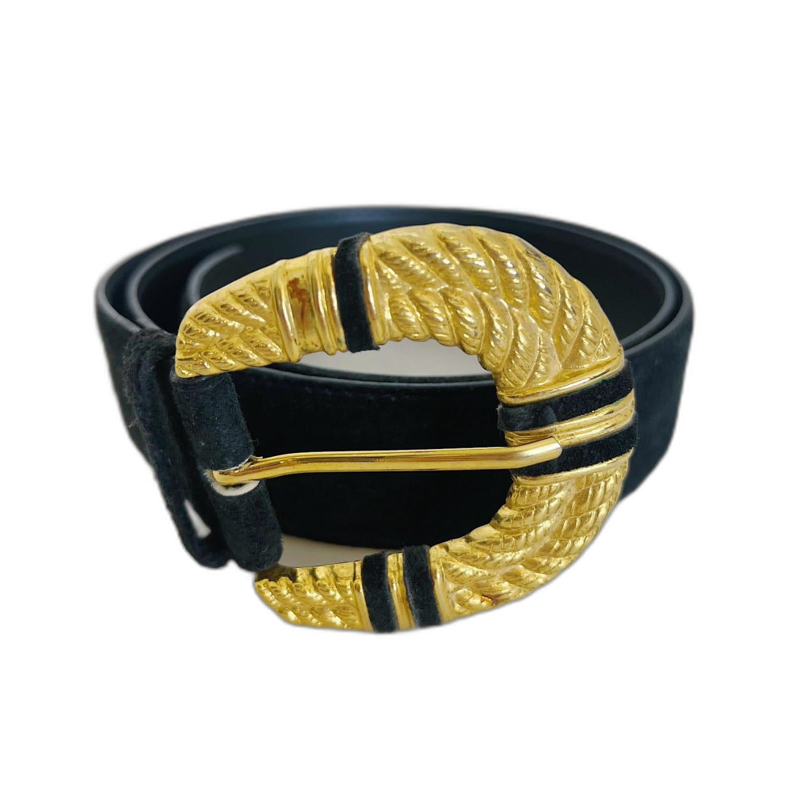 Magid Black Suede Belt Gold Statement Buckle Vintage 90s y2k Women's S by Hot Girl Secondhand