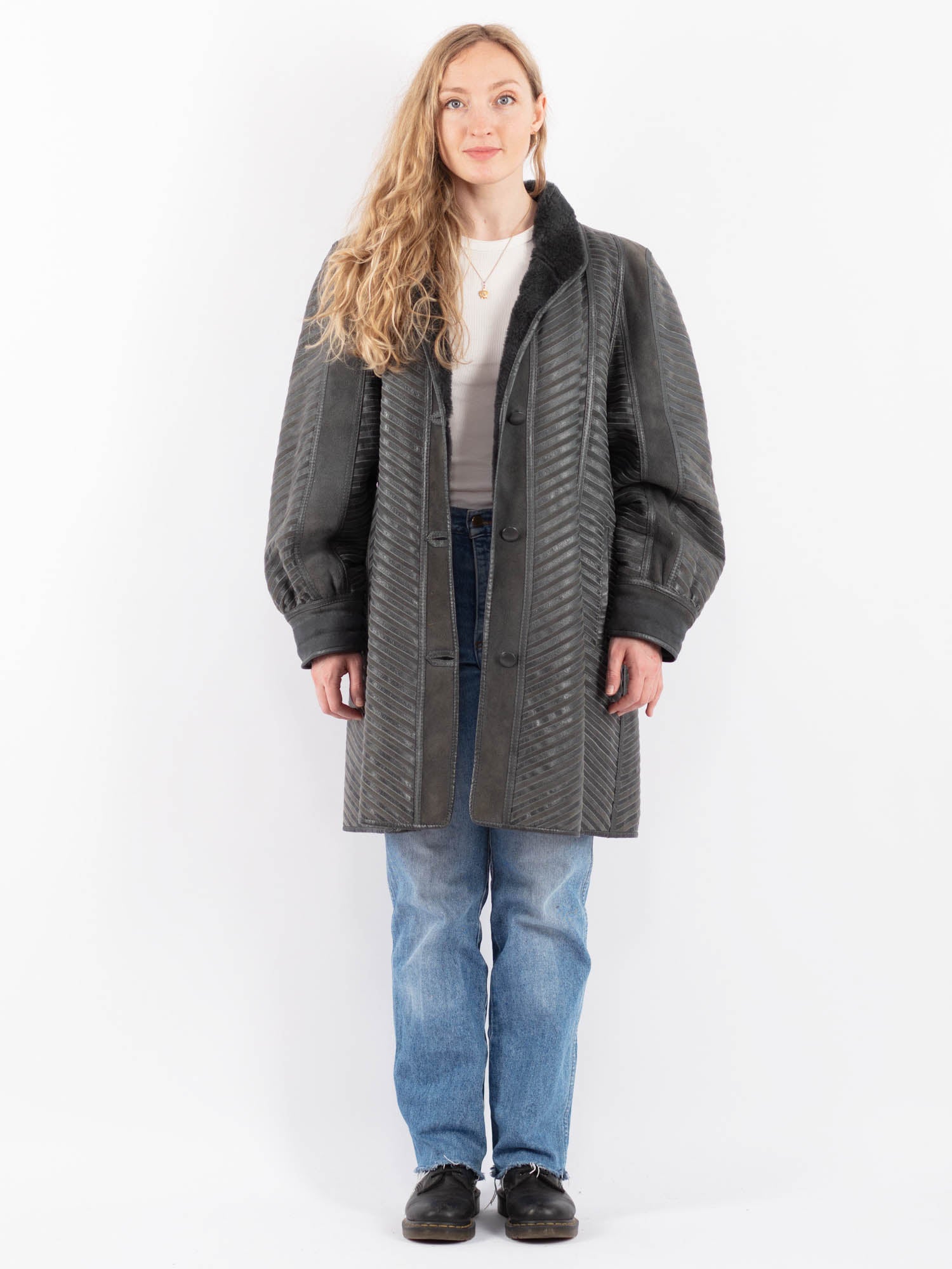 Vintage 80's Women Sheepskin Coat in Gray by Northern Grip