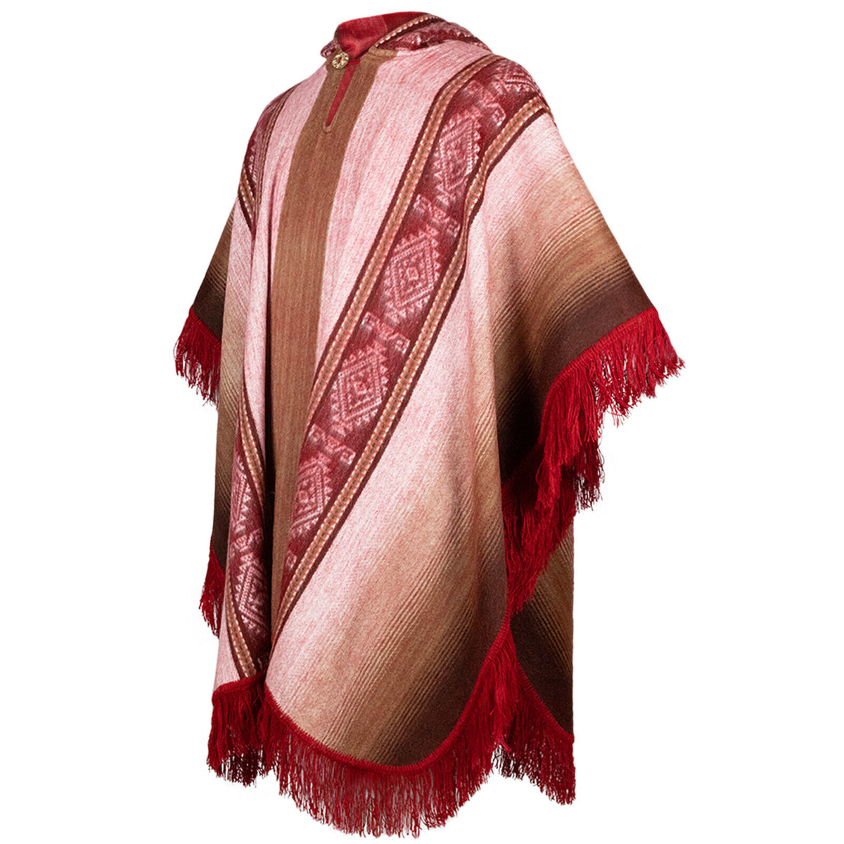 Huambi - Lightweight Baby Alpaca Fringed Hooded Poncho in Crimson by ECUALAMA