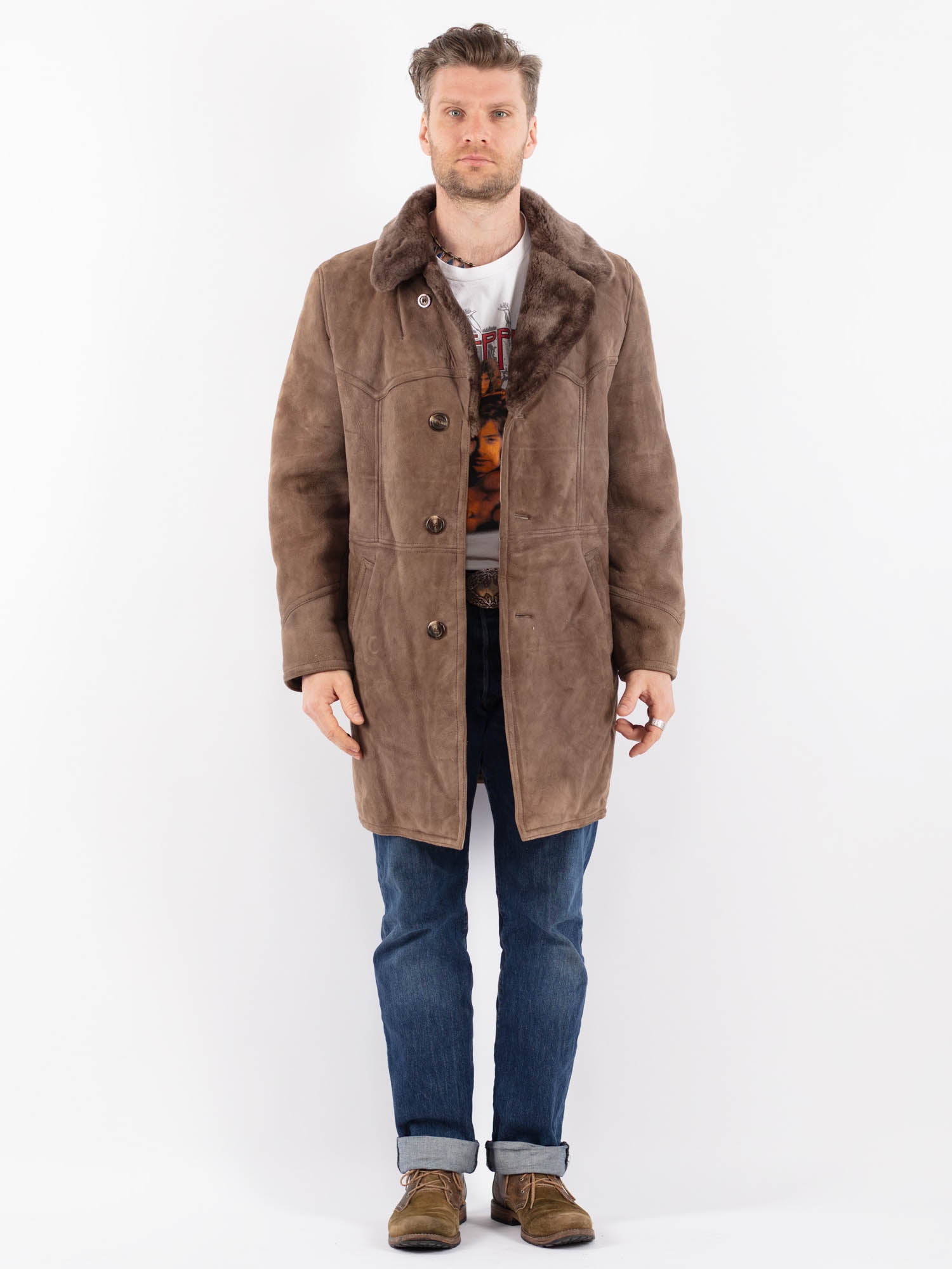 Vintage 70's Men Sheepskin Coat in Brown by Northern Grip