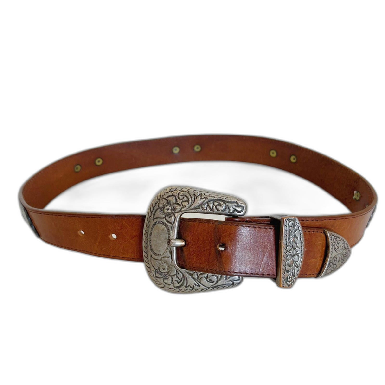 Vintage Brown Leather Belt Floral Engraved Western Country Size 30 by Hot Girl Secondhand