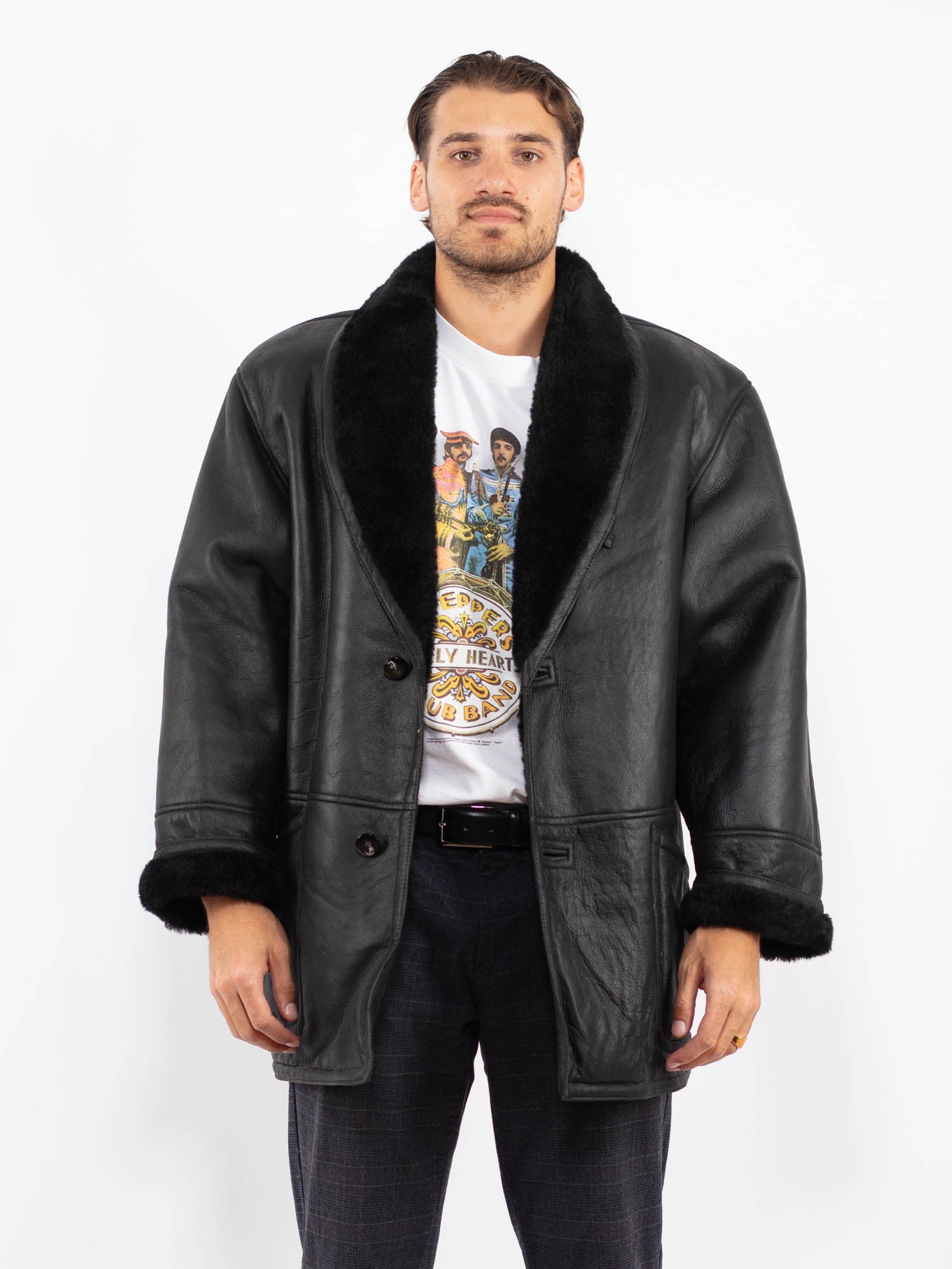 Vintage 80's Men Sheepskin Coat in Black by Northern Grip