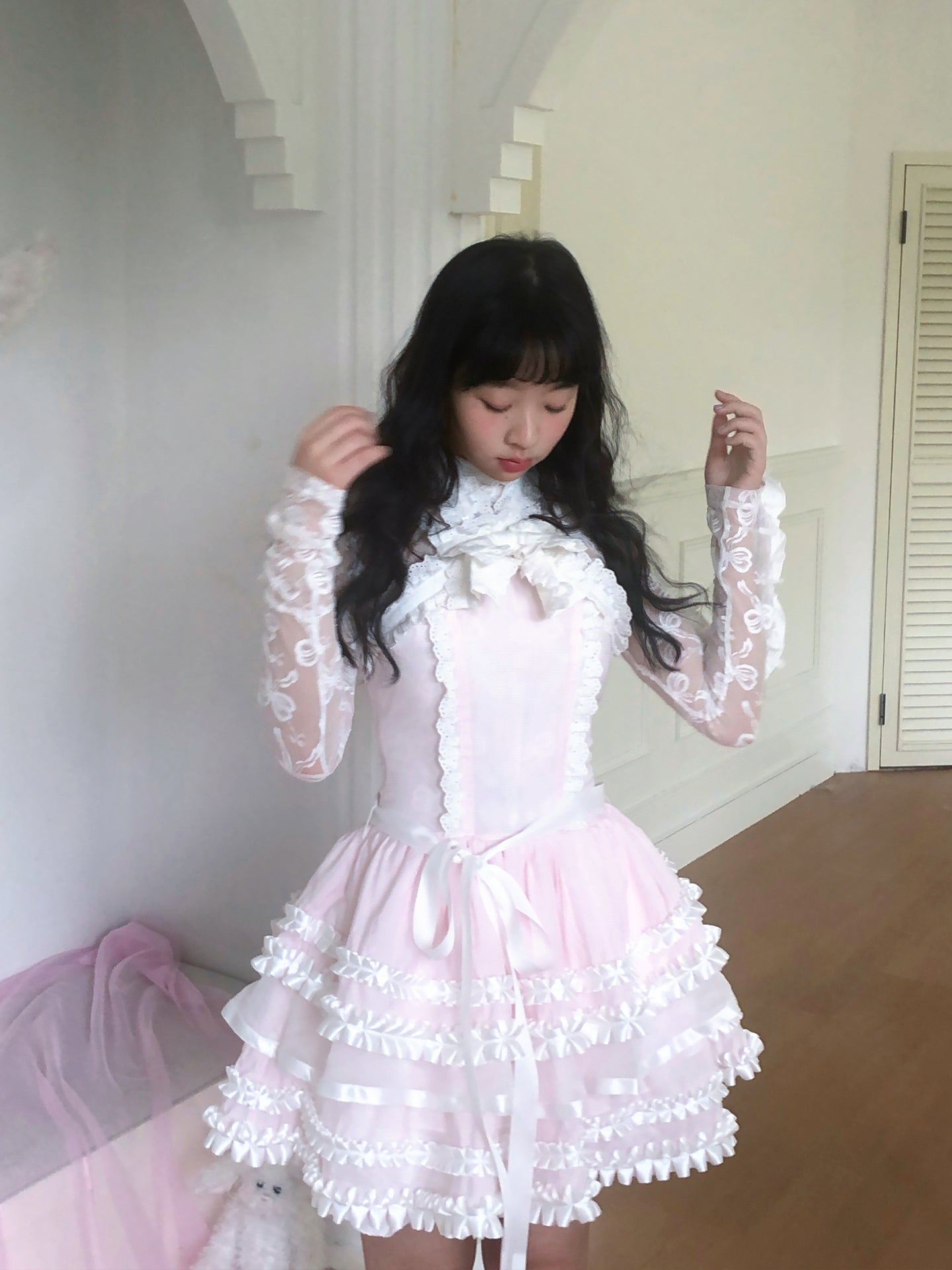 Daytoday Everyday Institute Layered Cake Dress – Sleeveless Bow Pink Lolita Style by Land Decora