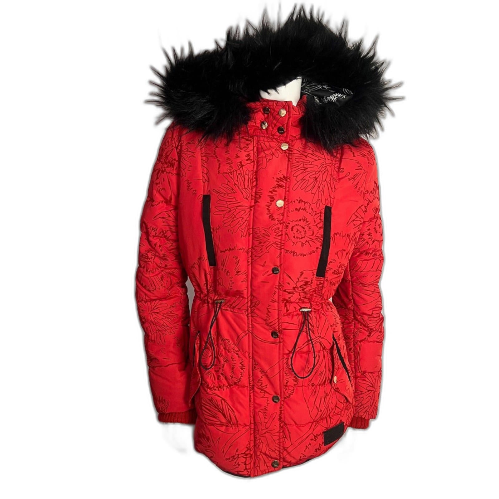 Desigual Women's Coat Marlene Borgona Red Faux Fur Hood Puffer Jacket by Hot Girl Secondhand