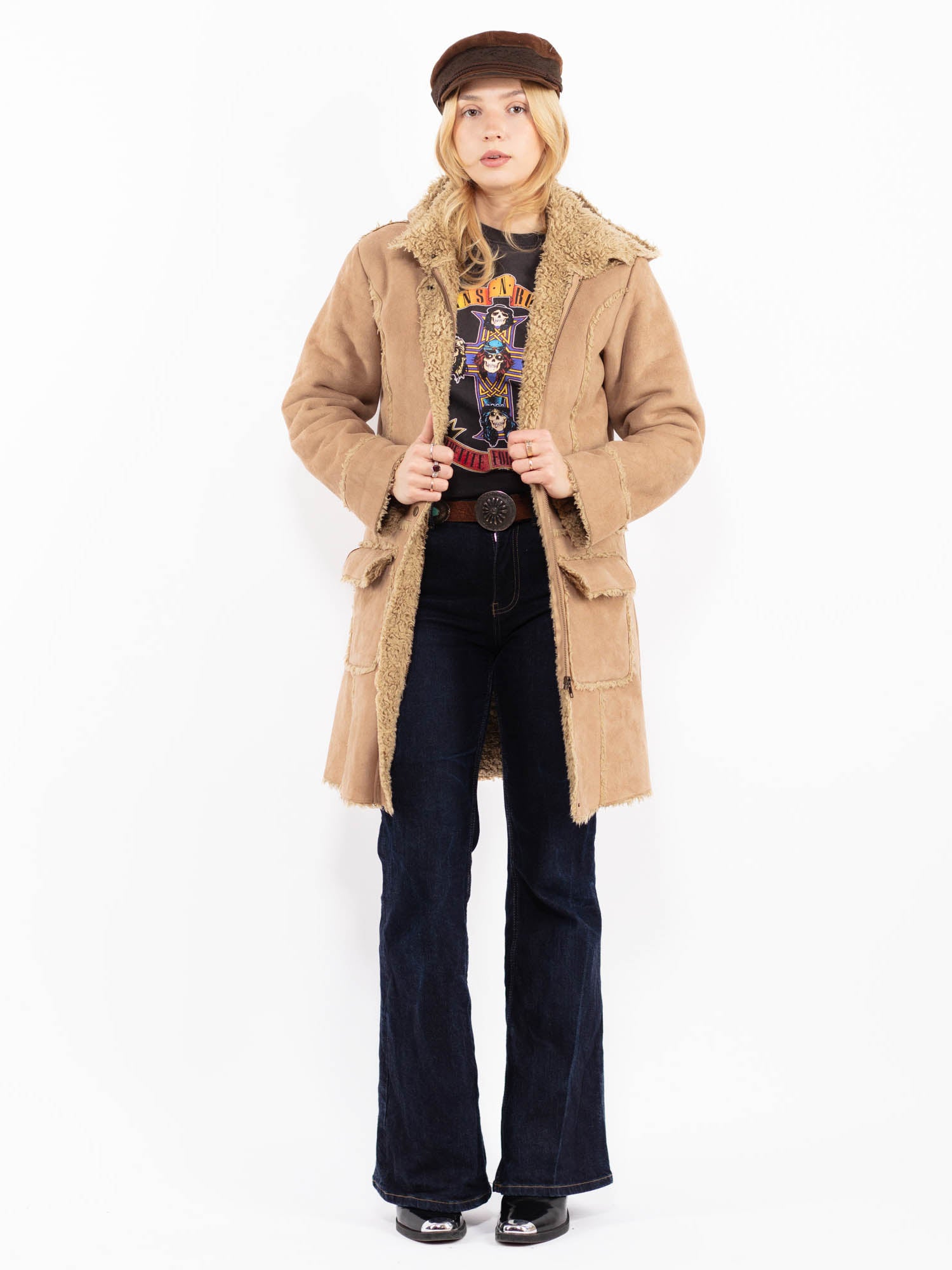 Vintage 90's Women Faux Sheepskin Coat in Beige by Northern Grip