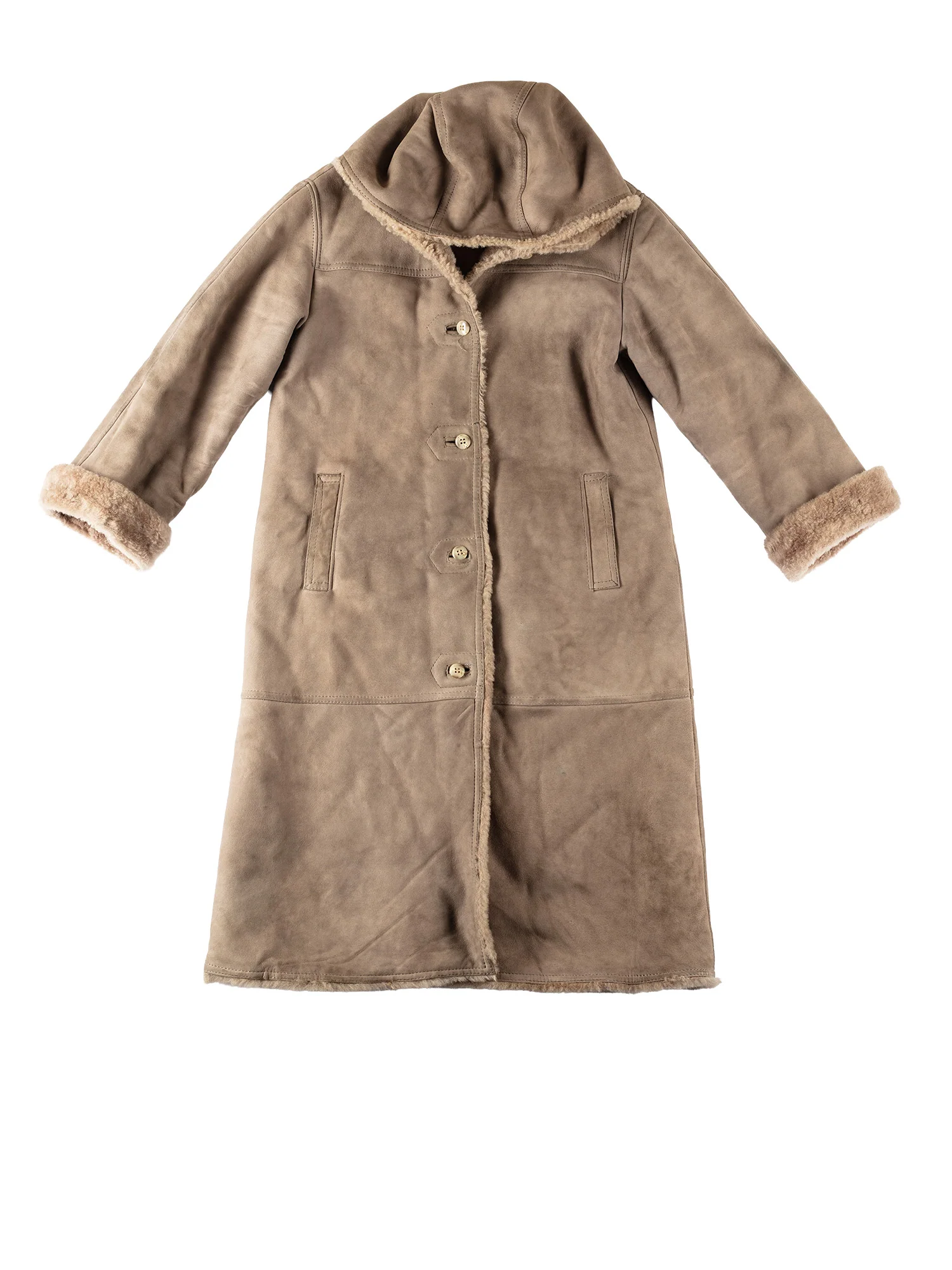 Vintage 80's Women Hooded Sheepskin Maxi Coat in Beige by Northern Grip