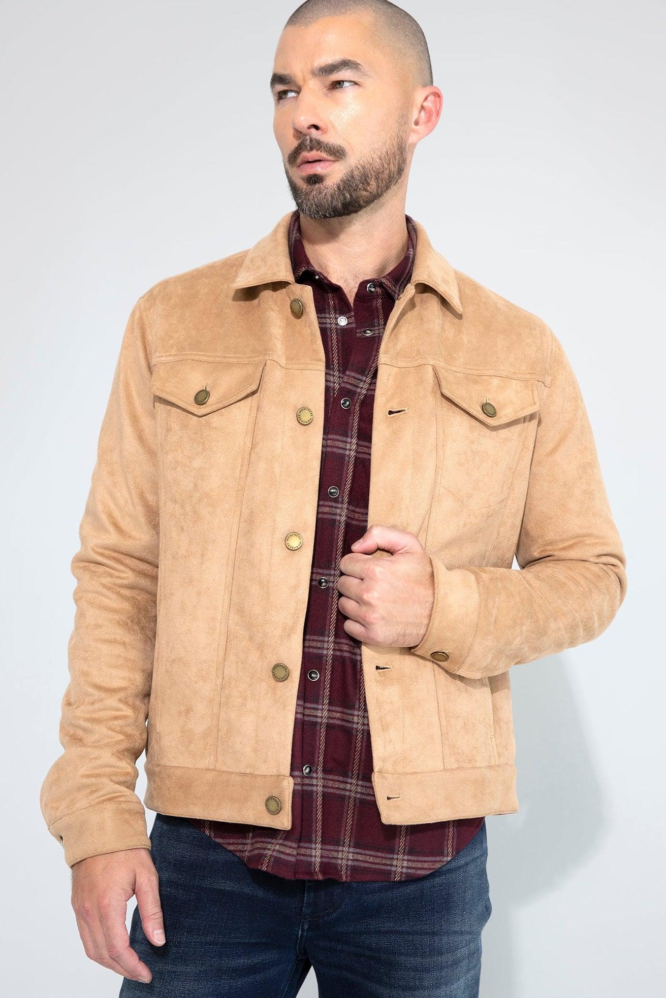 Dean Butter Suede Khaki Stretch Trucker Jacket by MONFRERE