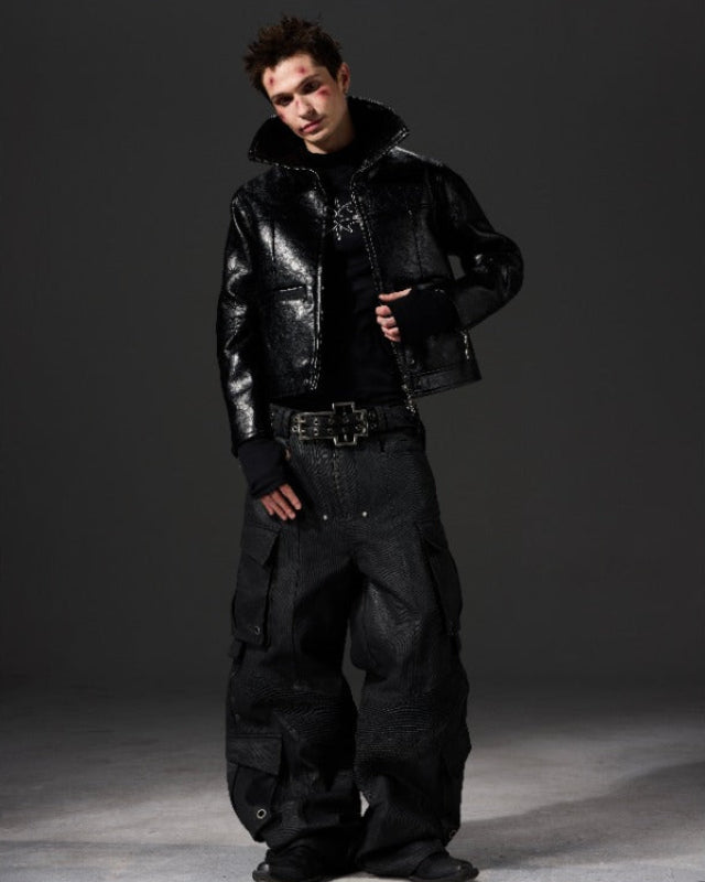 Waxed Multi-Pocket Biker Cargo Jeans by OFFCULTURE