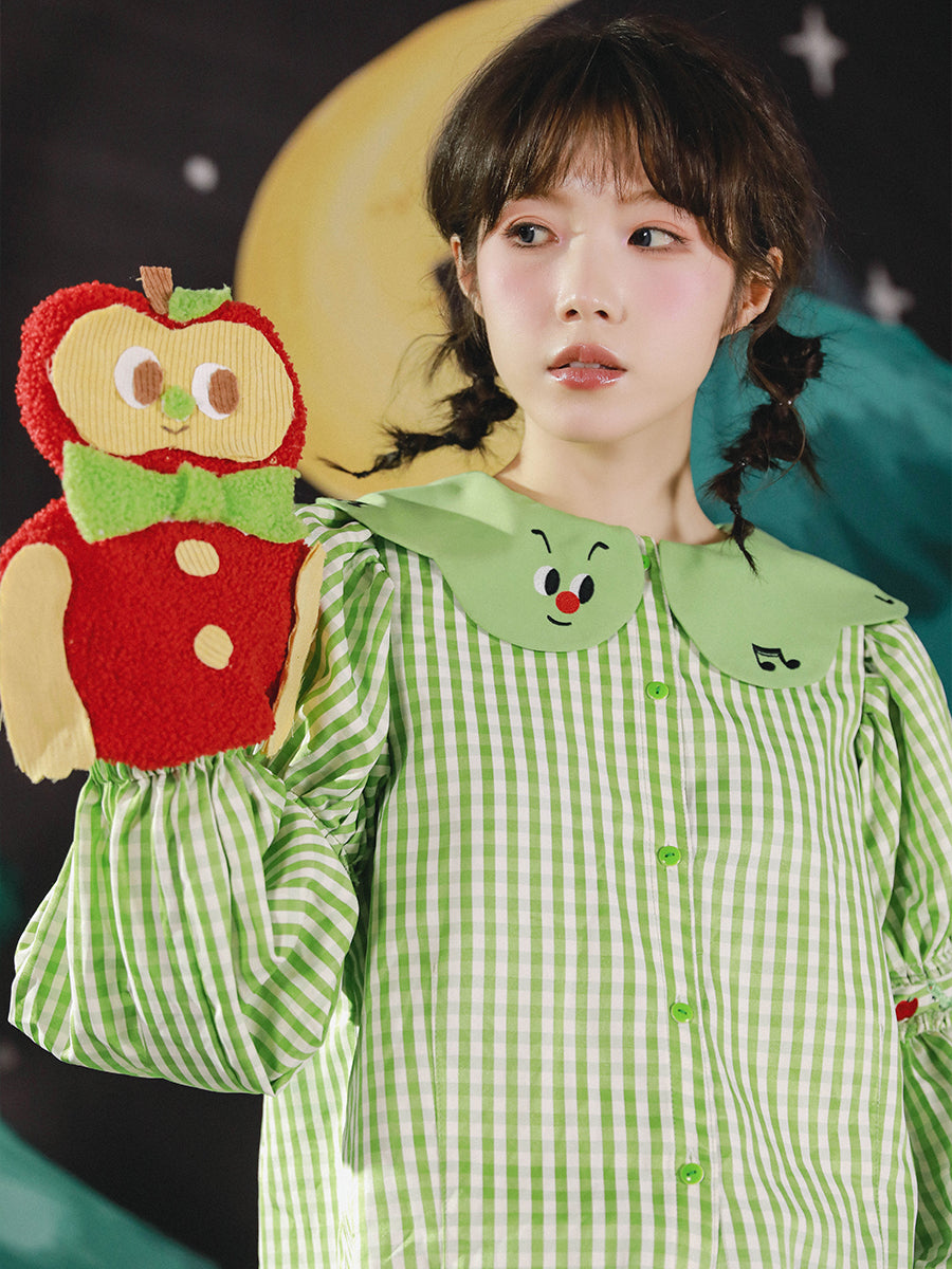 Harajuku Apple Green Caterpillar Embroidered Puff Sleeve Blouse – Niuchou Island by Land Decora