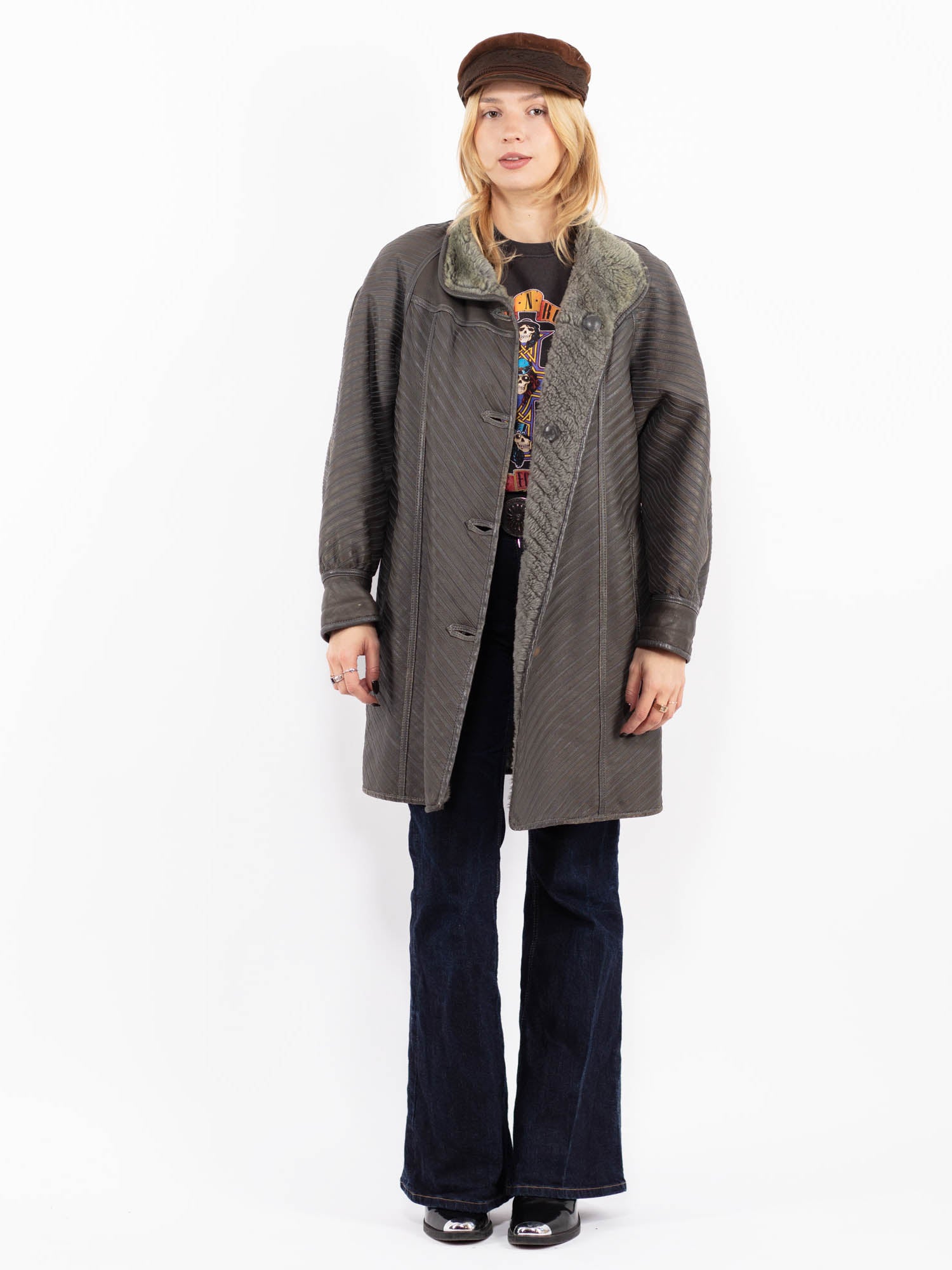 Vintage 80's Women Striped Sheepskin Coat in Gray by Northern Grip