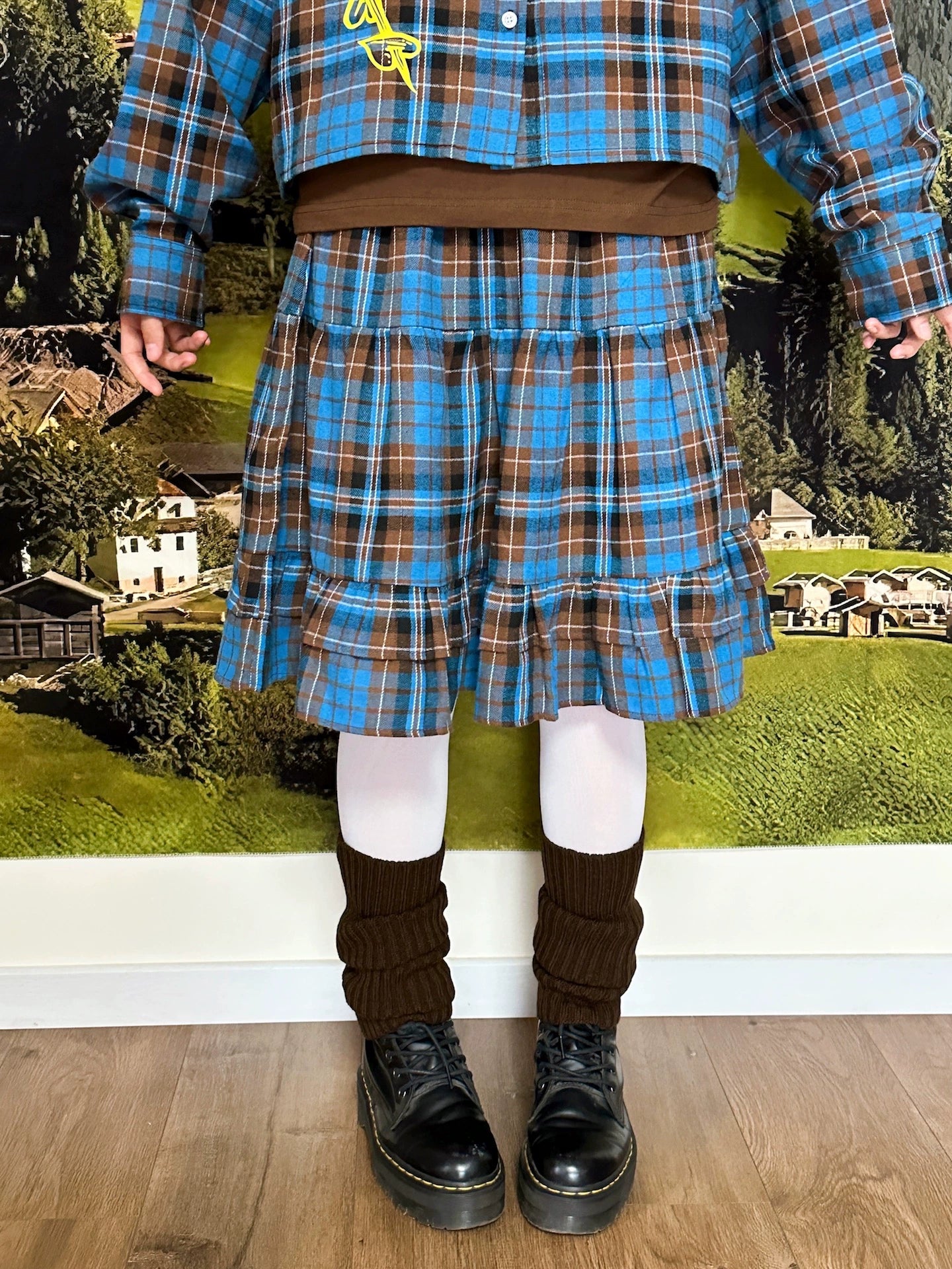 Vintage Blue Plaid Elastic Waist Skirt - BunnyBunnyGun by Land Decora