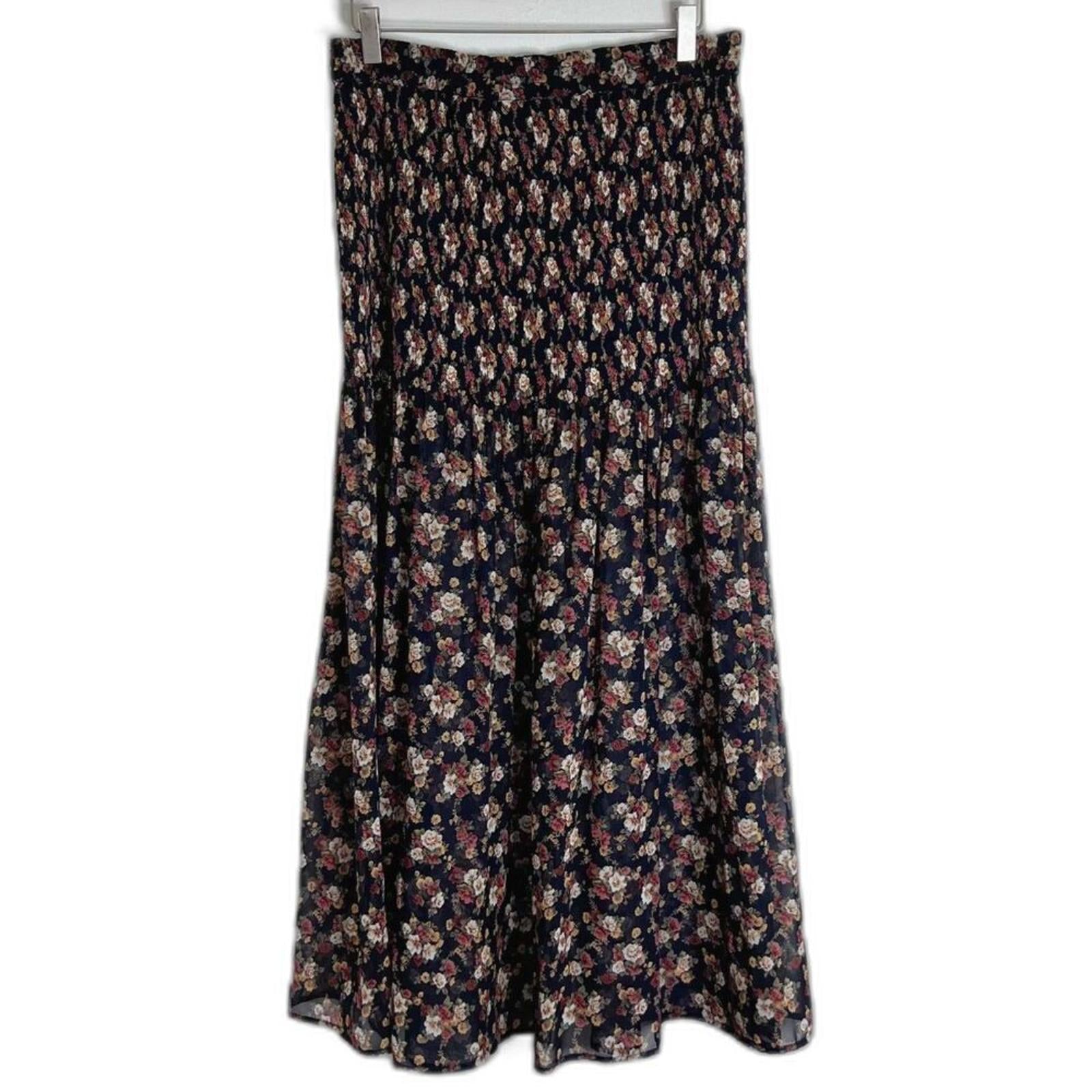 Vintage 90s Express Navy Blue and Pink Floral Maxi Skirt Chiffon Size by Hot Girl Secondhand