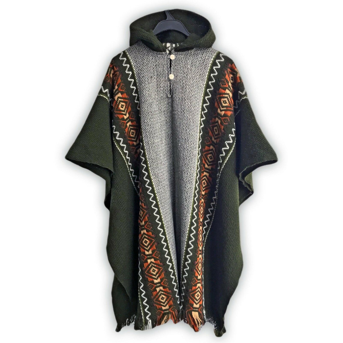 Llama Wool Unisex South American Handwoven Hooded Poncho - solid olive by ECUALAMA