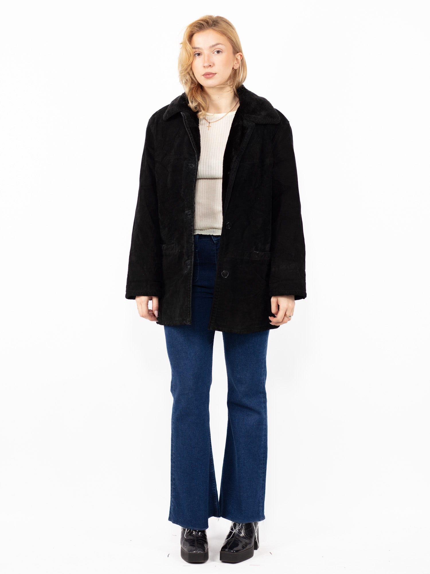 Vintage 90's Women Suede Sherpa Coat in Black by Northern Grip