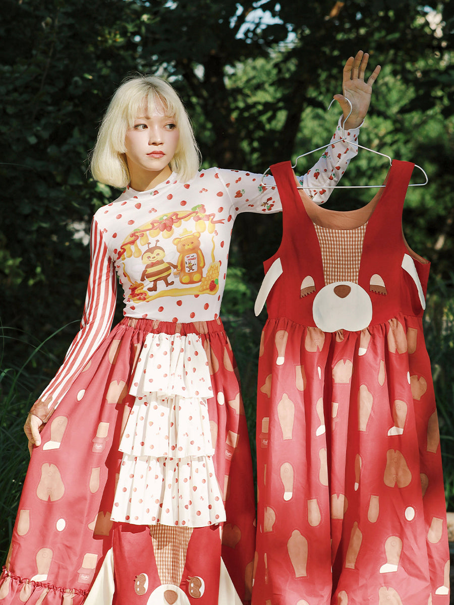 Harajuku Undershirt Striped Mesh Stretch Bee Berry Print Shirt Meugler by Land Decora