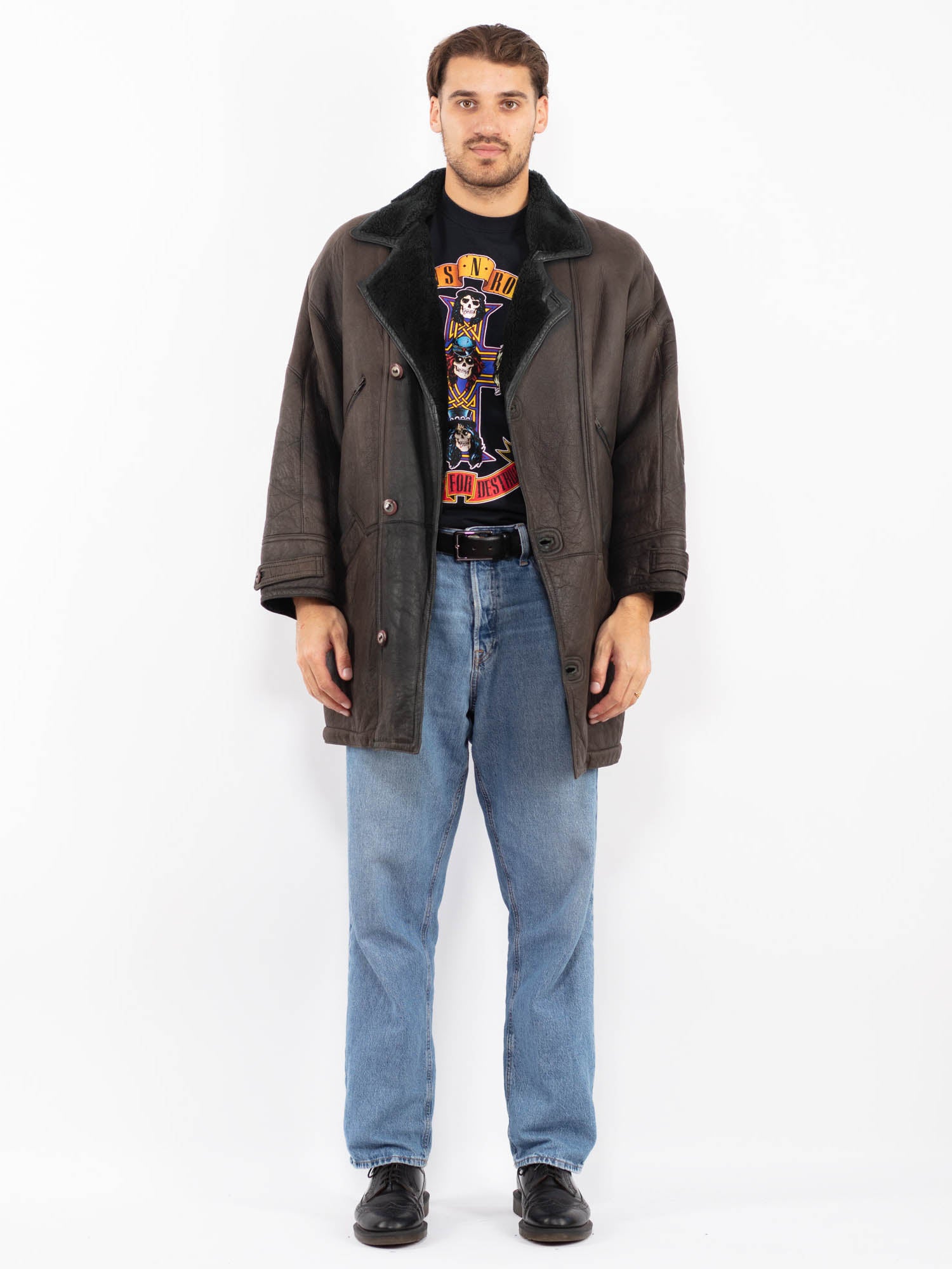 Vintage 90's Men Sheepskin Leather Coat in Gray Brown by Northern Grip