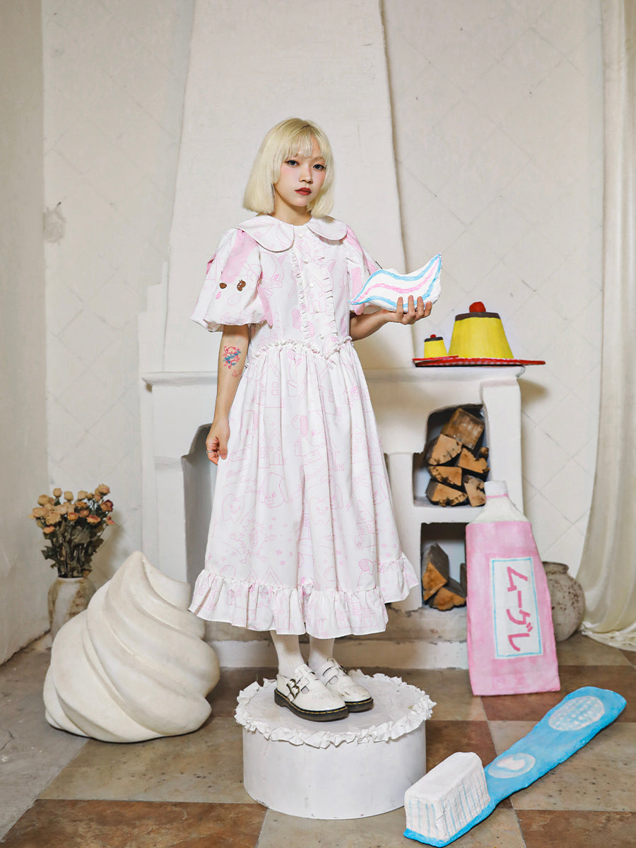 Meugler Cross-Stitch Print Doggy Puff Sleeve Princess Dress in Powder by Land Decora