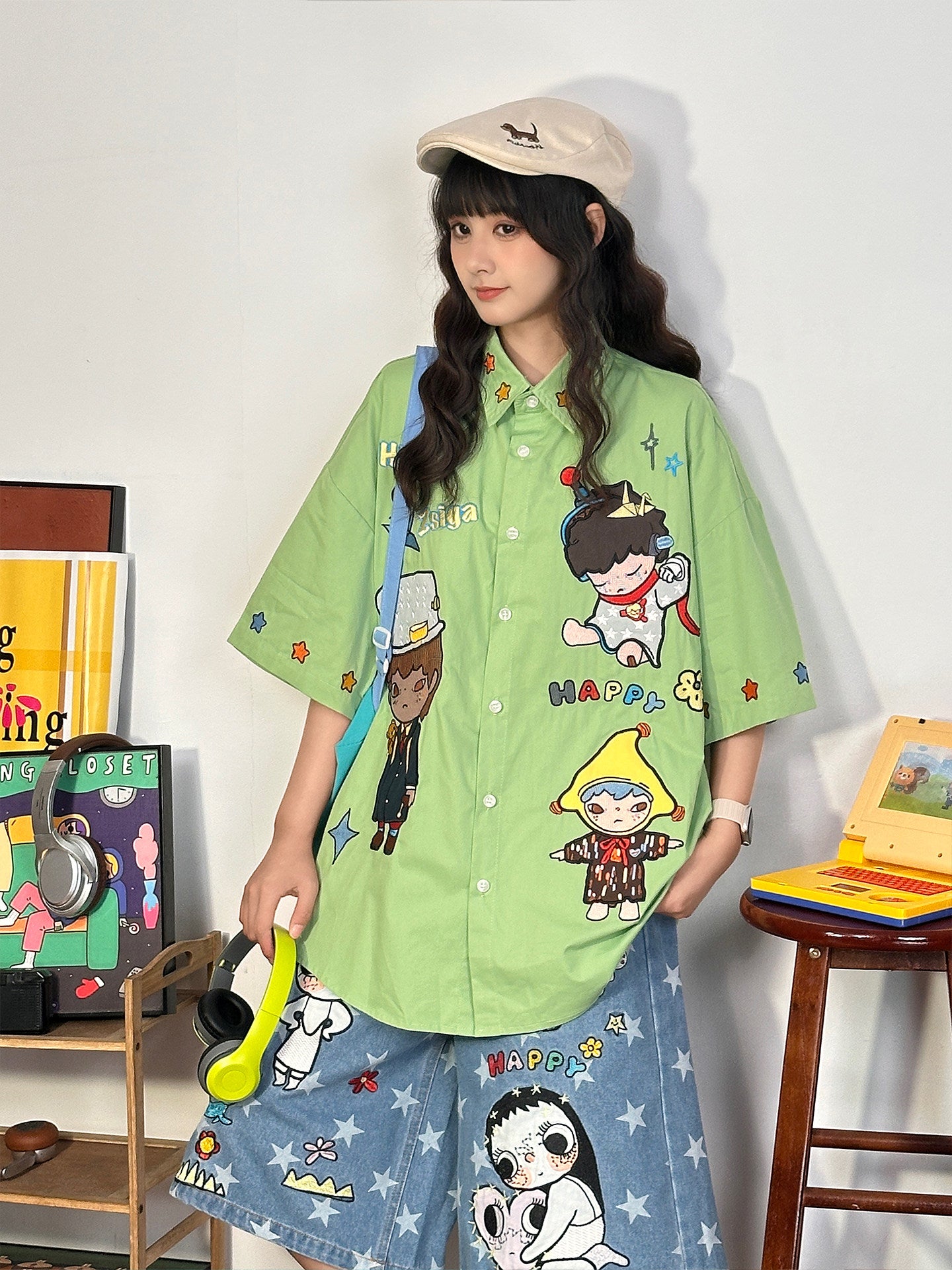Green Cartoon Embroidered Shirt Y2K Kawaii by Land Decora