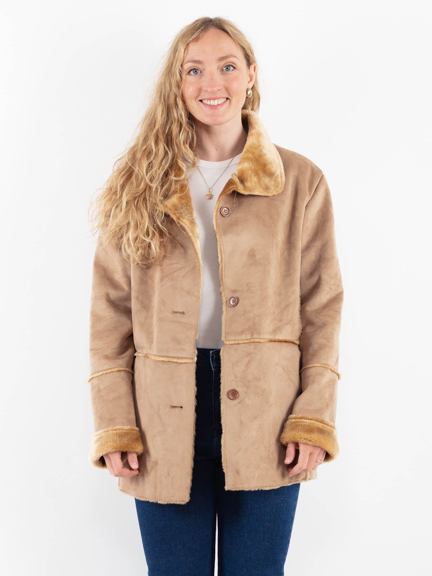 Vintage 00's Women Faux Sheepskin Jacket in Beige by Northern Grip