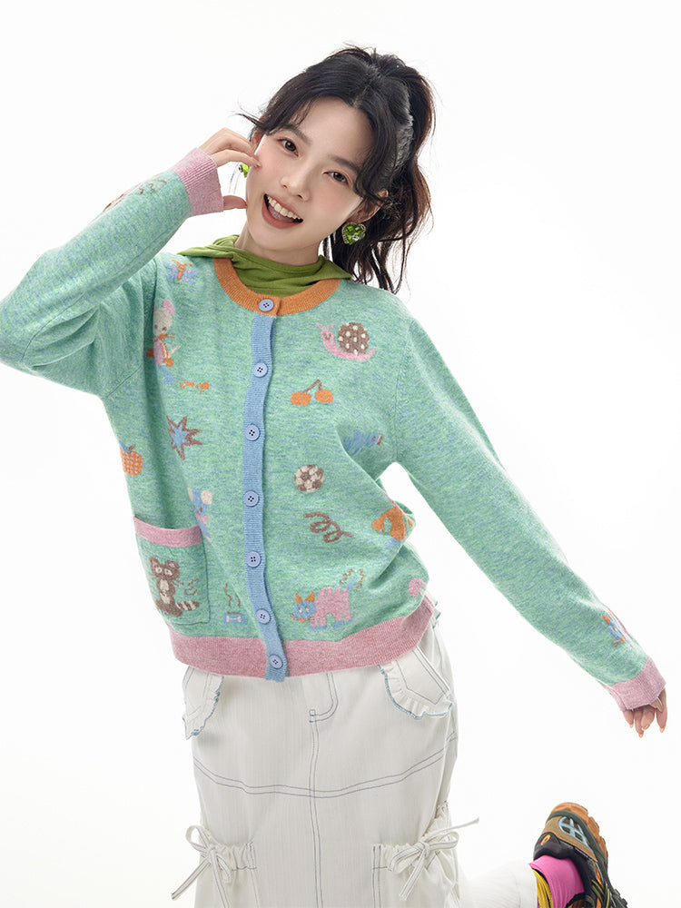Harajuku Cardigan Cartoon Prints Mint Green Loose Knit Cardigan Tntntutu by Land Decora