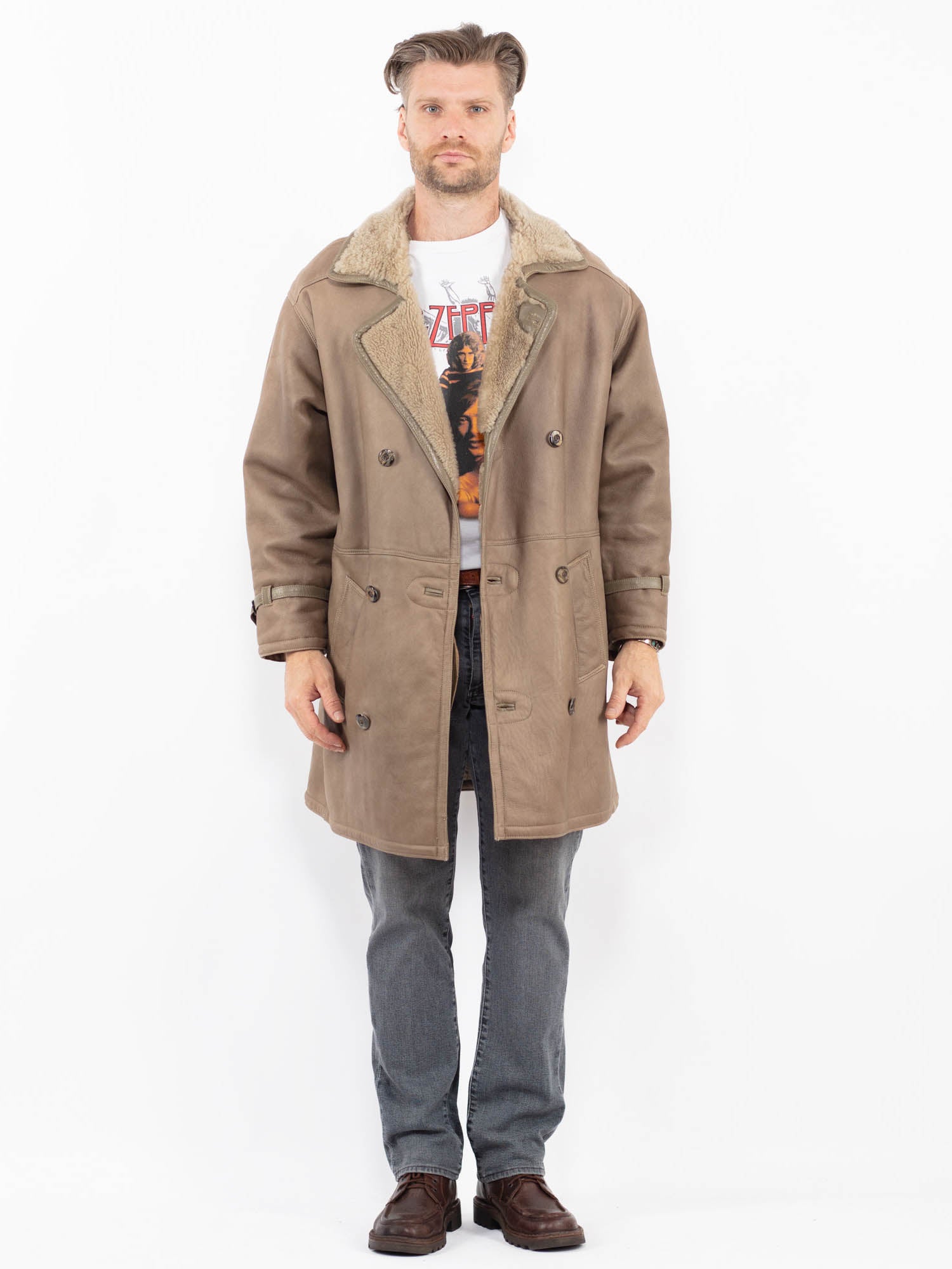 Vintage 70's Men Sheepskin Coat in Beige by Northern Grip