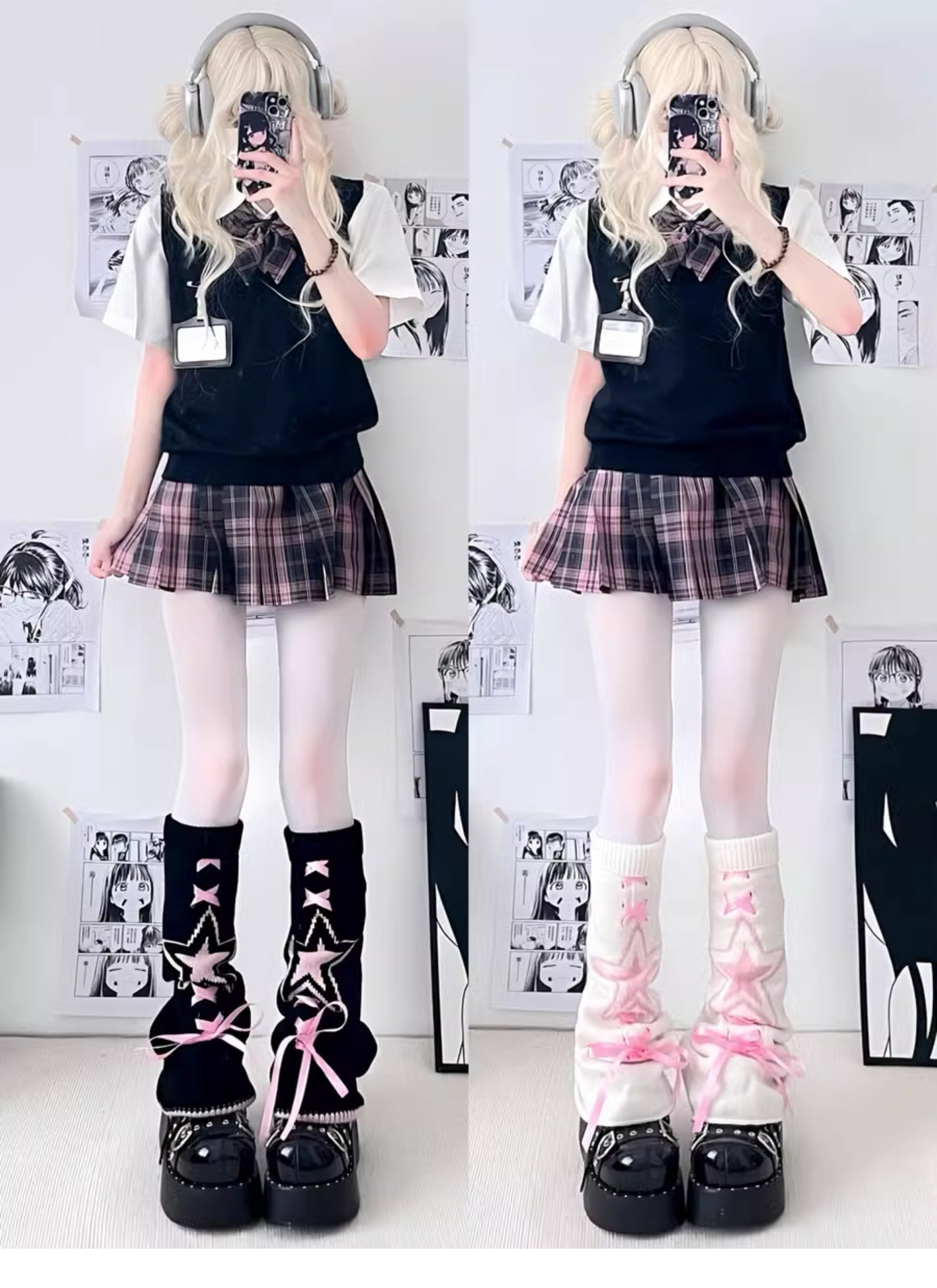2 Bears Strap Leg Warmers | Pink Calf Ruched Socks | Wide-Leg Star Leg by Land Decora