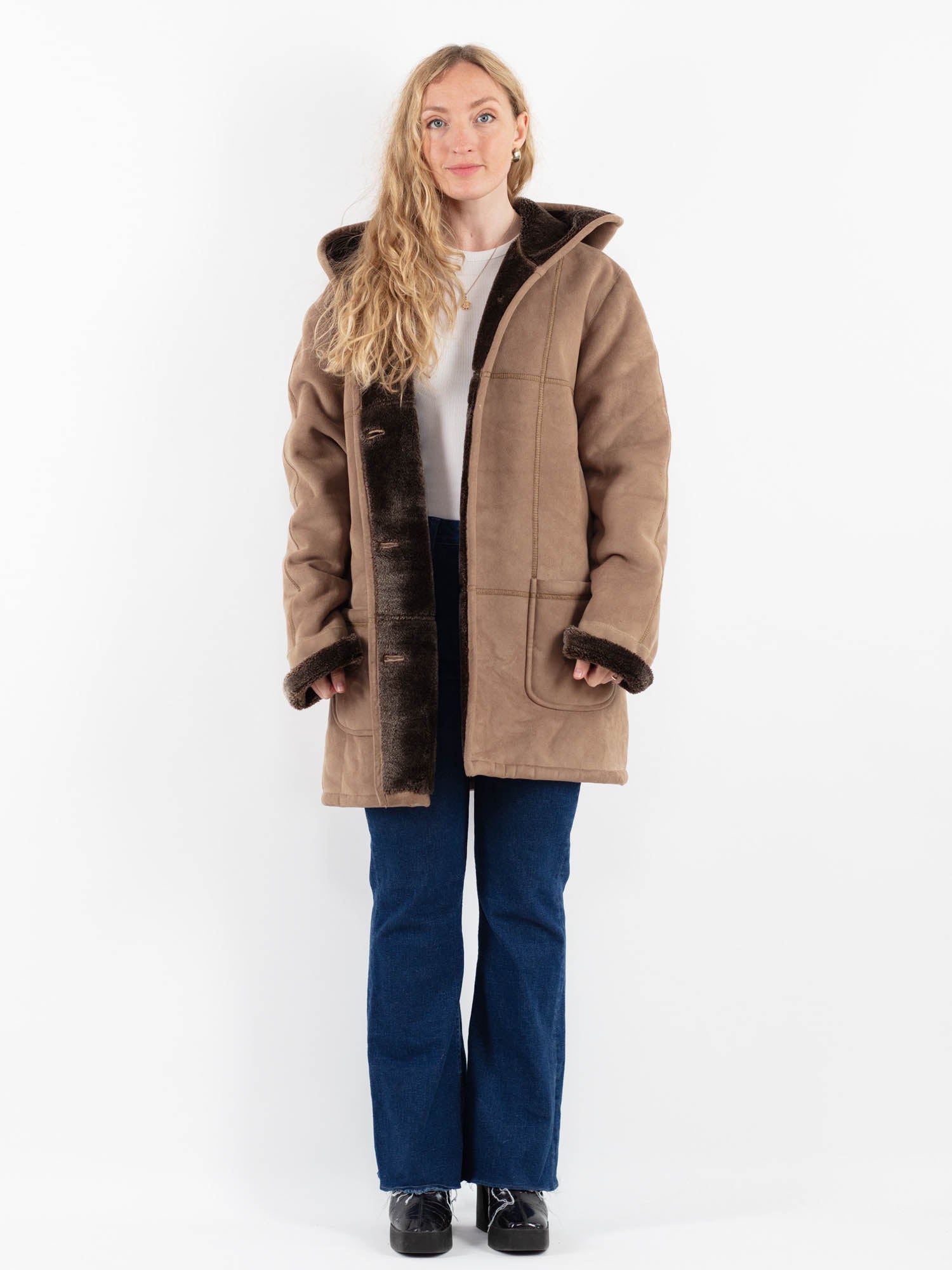 Vintage 90's Women Faux Sheepskin Coat in Beige by Northern Grip