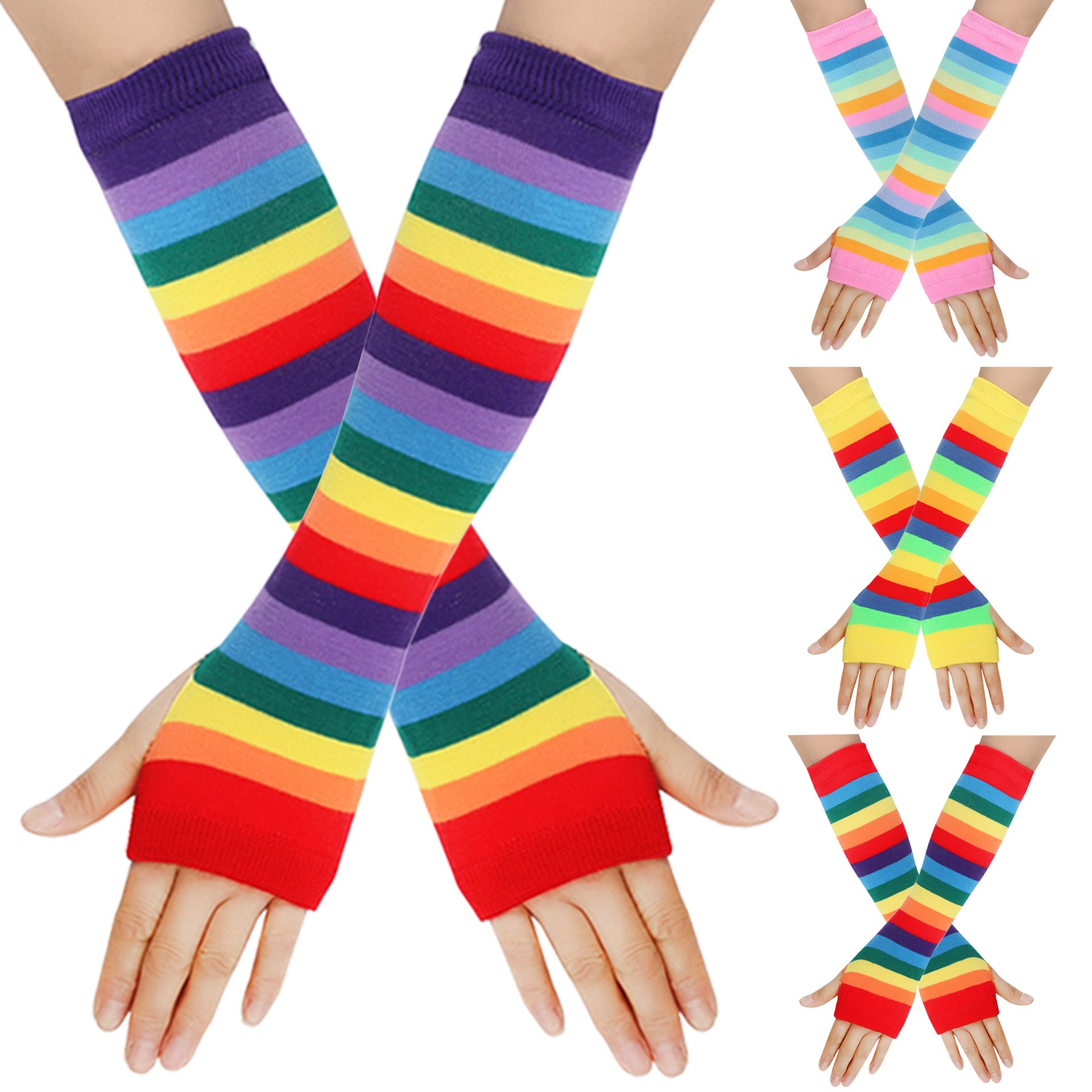 Decora Kei Rainbow Knit Arm Warmers Fingerless Striped by Land Decora