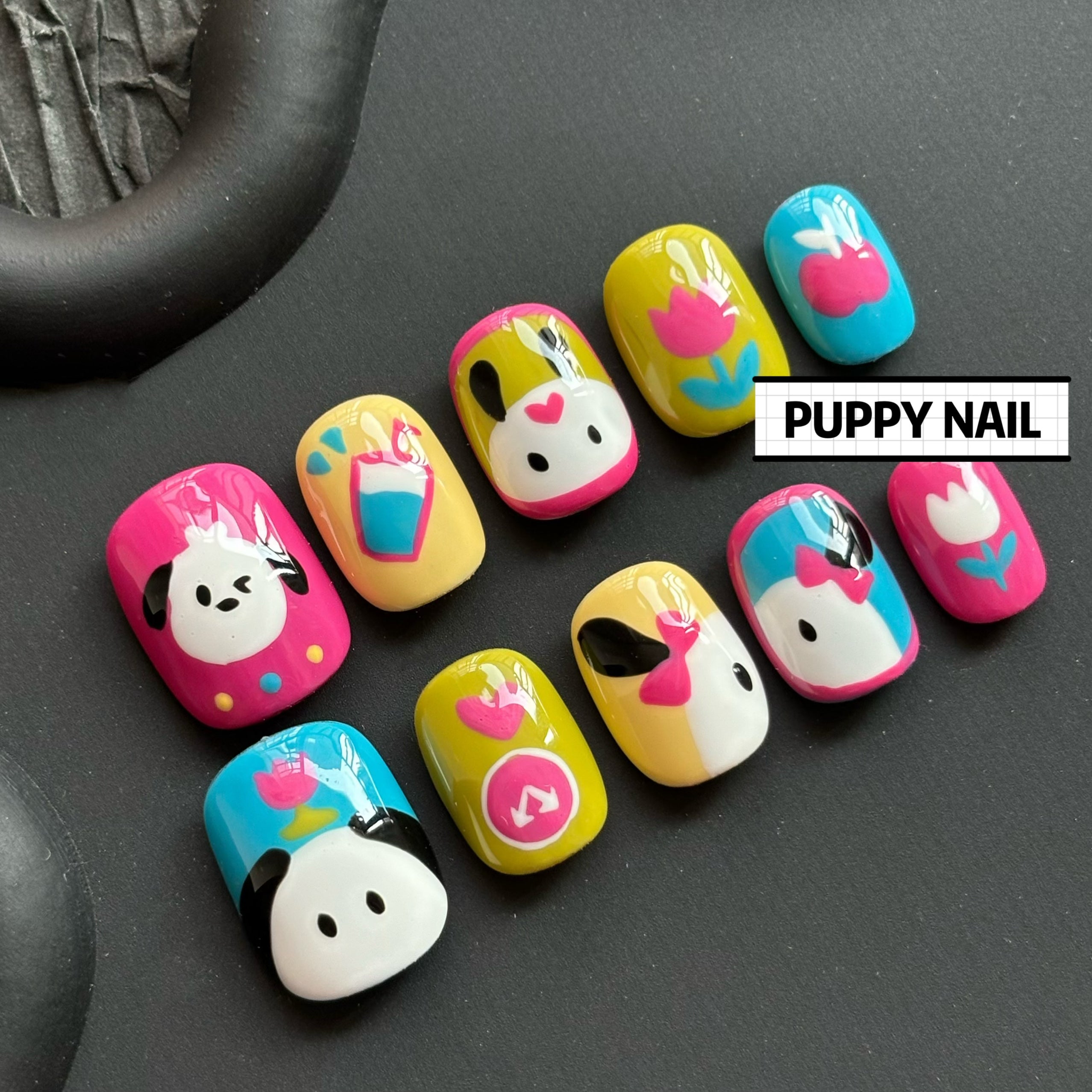 Cute Puppy Pacha Dog Hand-Painted Nail Art | Colorful Cartoon Short Nails for Bright Look by Land Decora