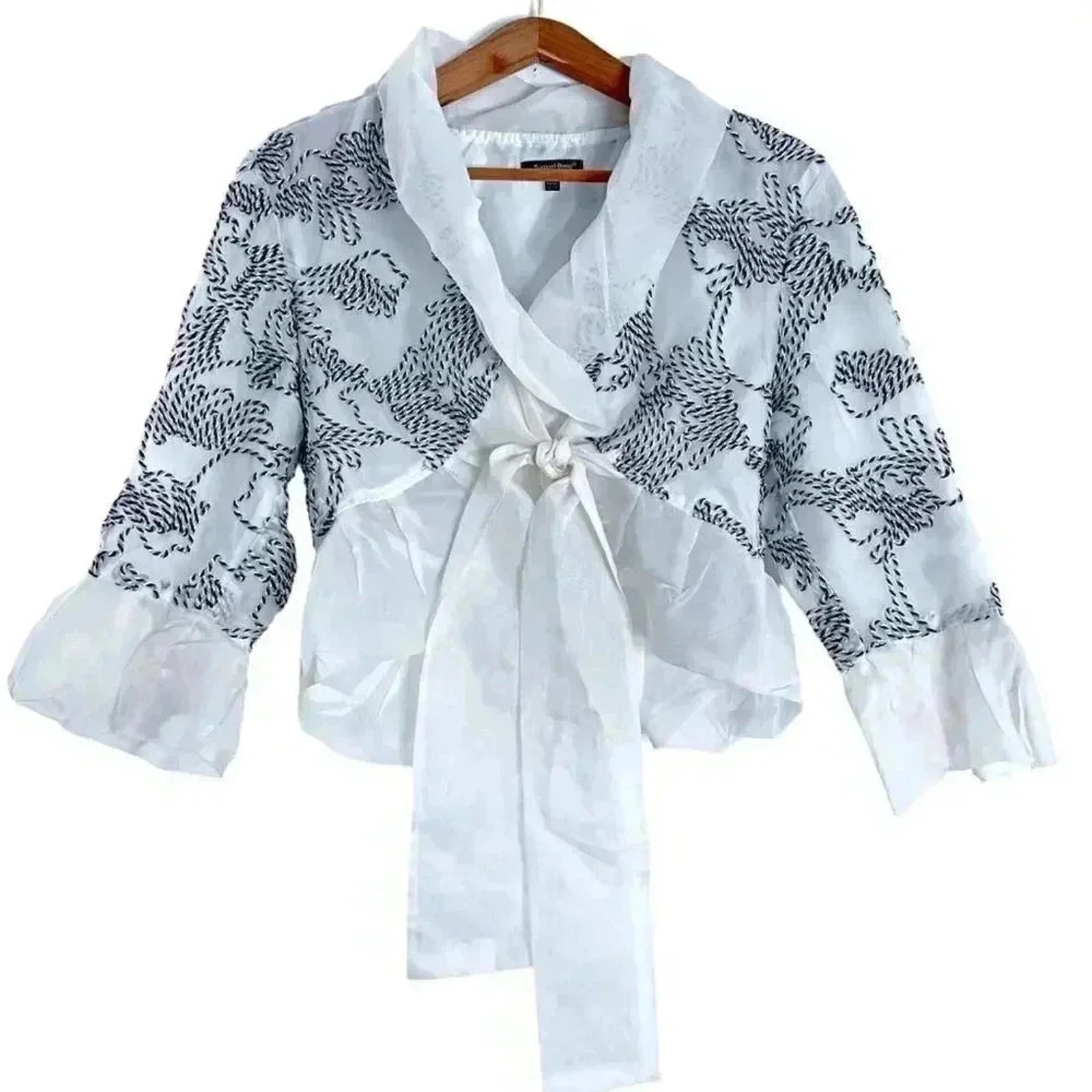 Samuel Dong Silk Black and White Embroidered Abstract Design Blouse Si by Hot Girl Secondhand