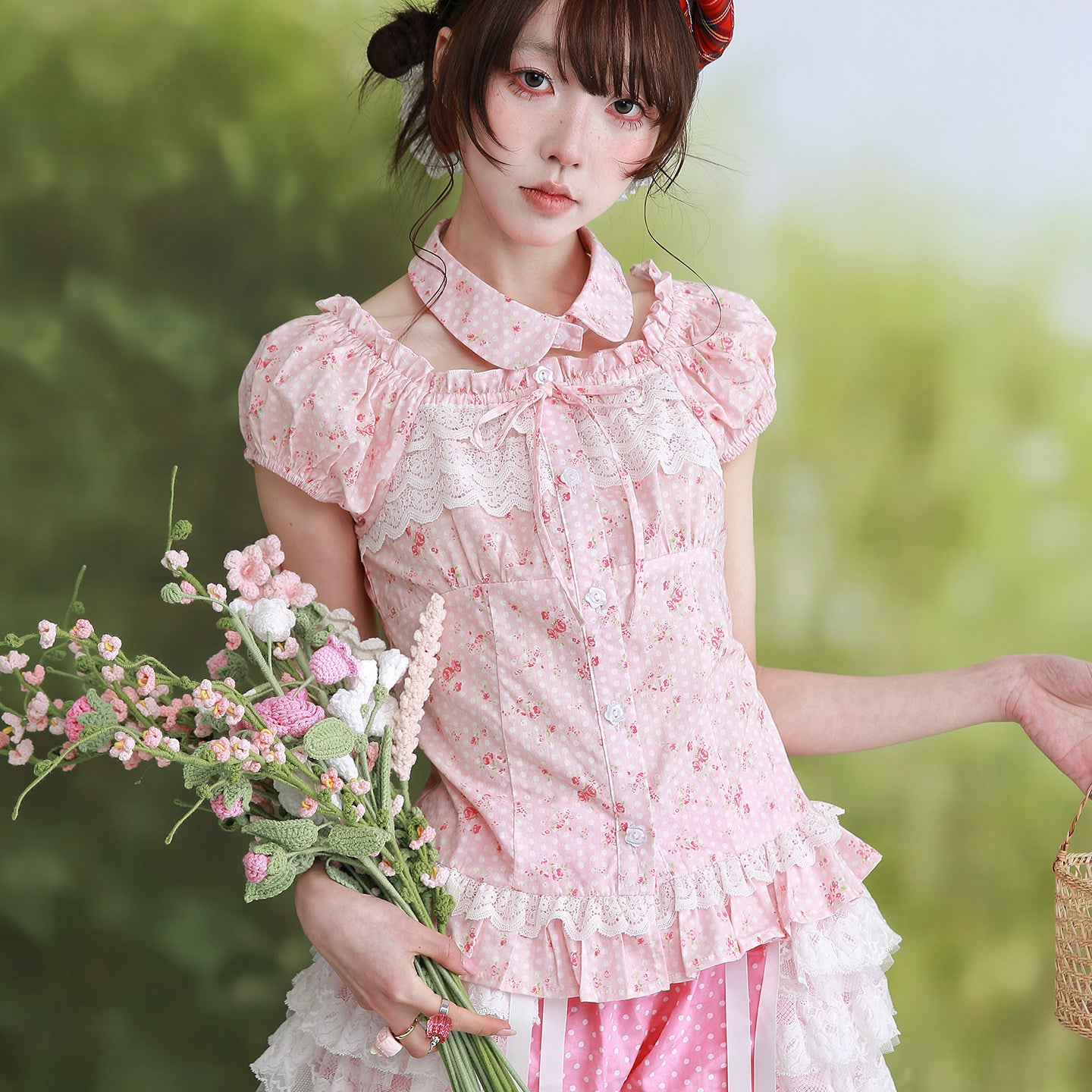 Showa Pink Polka Dot Lolita Blouse - SOS MEME CLUB by Land Decora