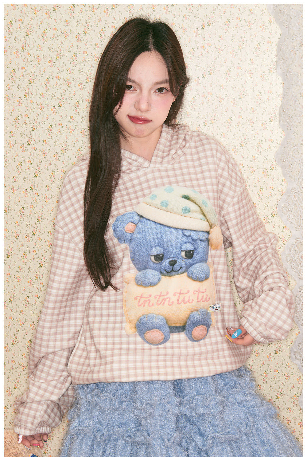 Plaid Blue Bear Fleece Hoodie Kawaii Loungewear - tntntutu by Land Decora