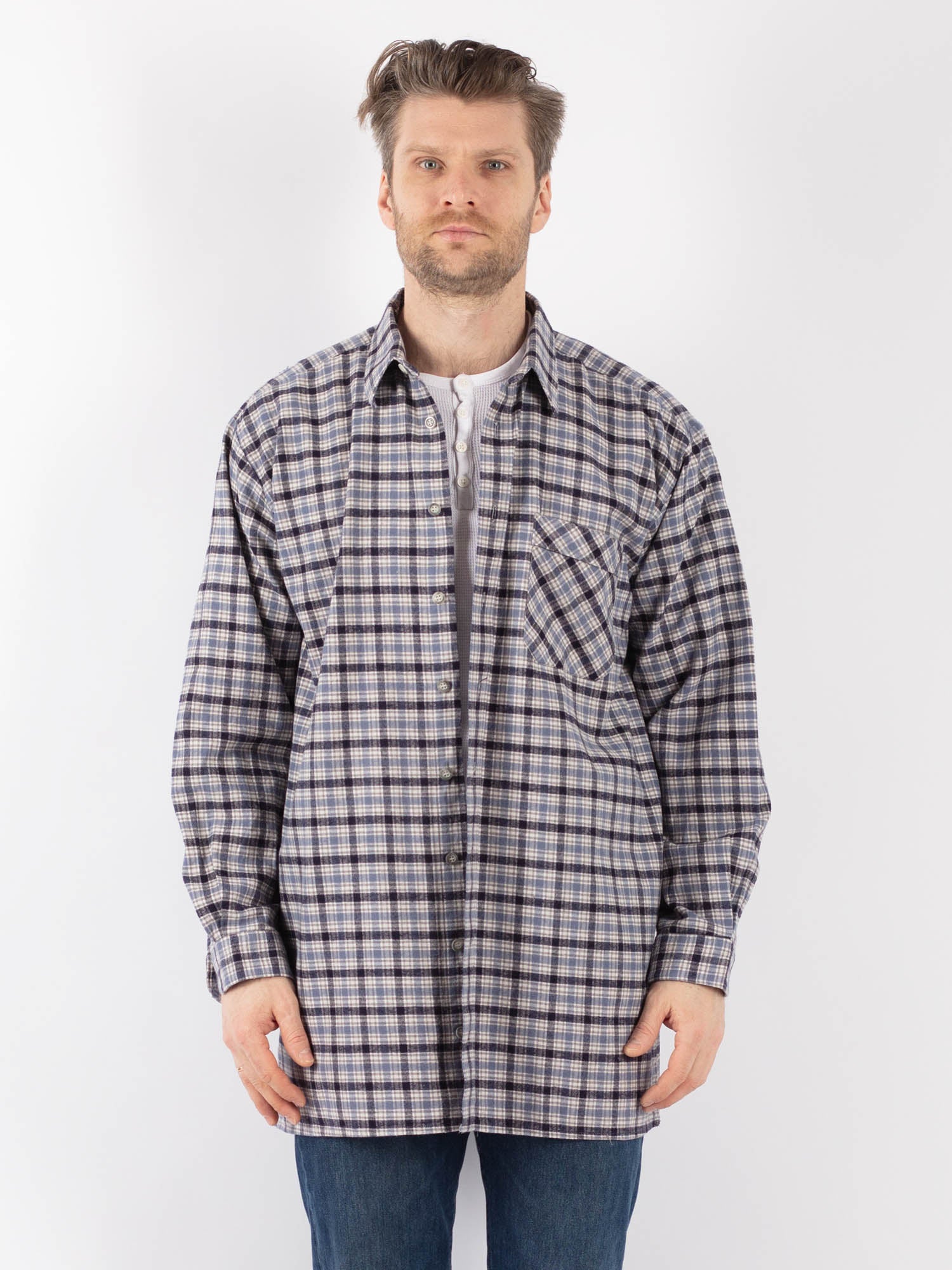 Vintage 90's Men Plaid Flannel Shirt in Blue by Northern Grip