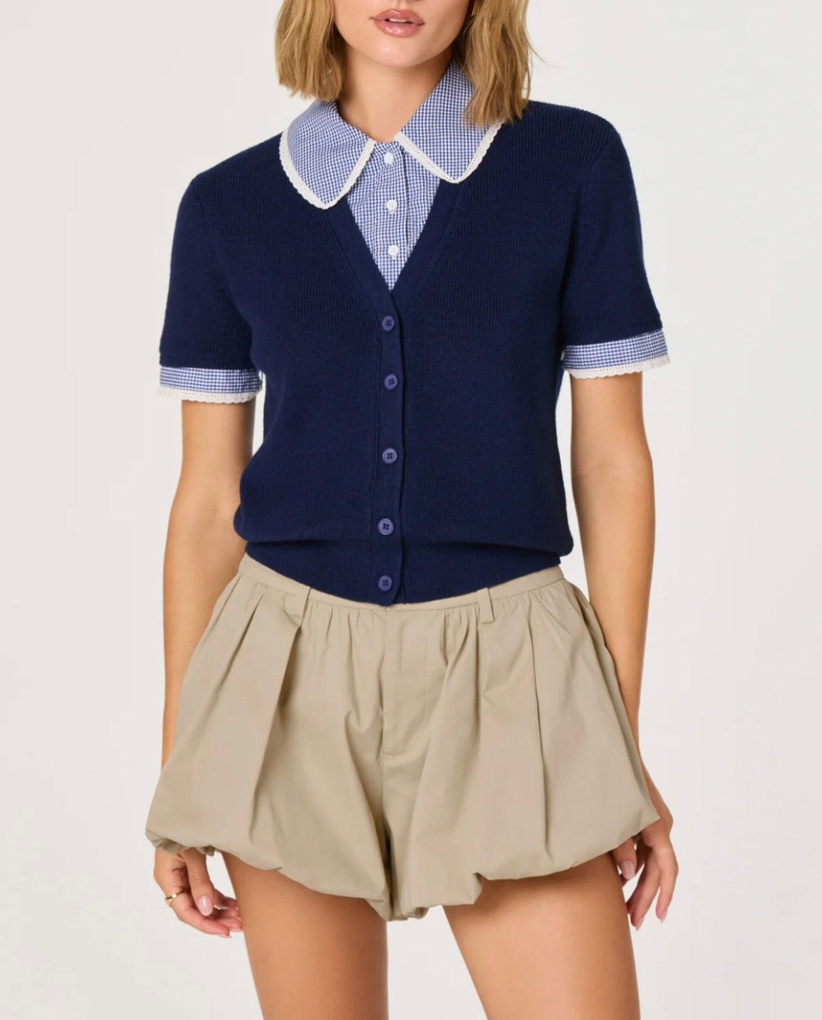 ASTR The Label Marlee Mixed Media Cardigan with Gingham Collar by Sierra Deene