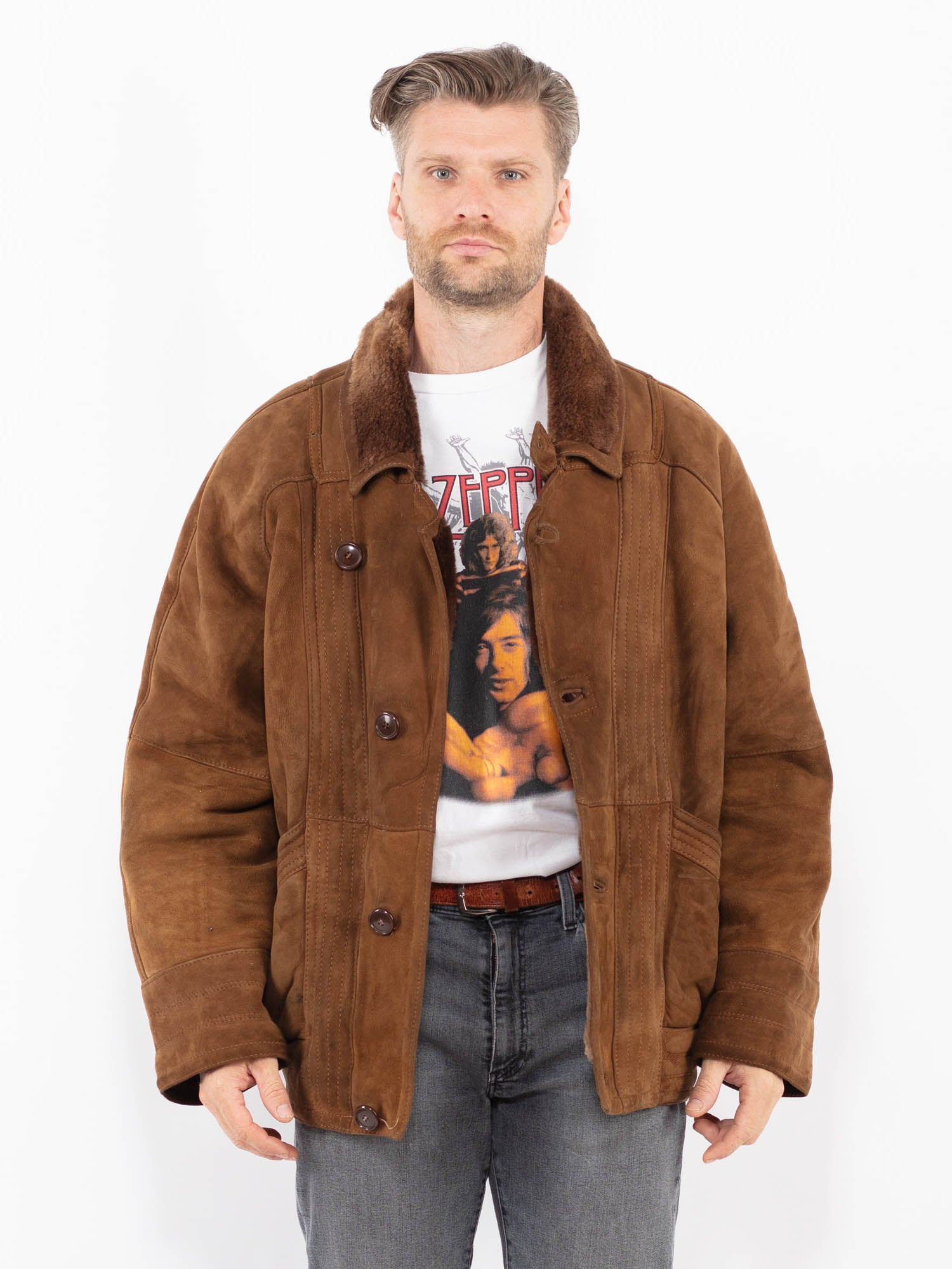 Vintage 80's Men Sheepskin Shearling Jacket in Brown by Northern Grip